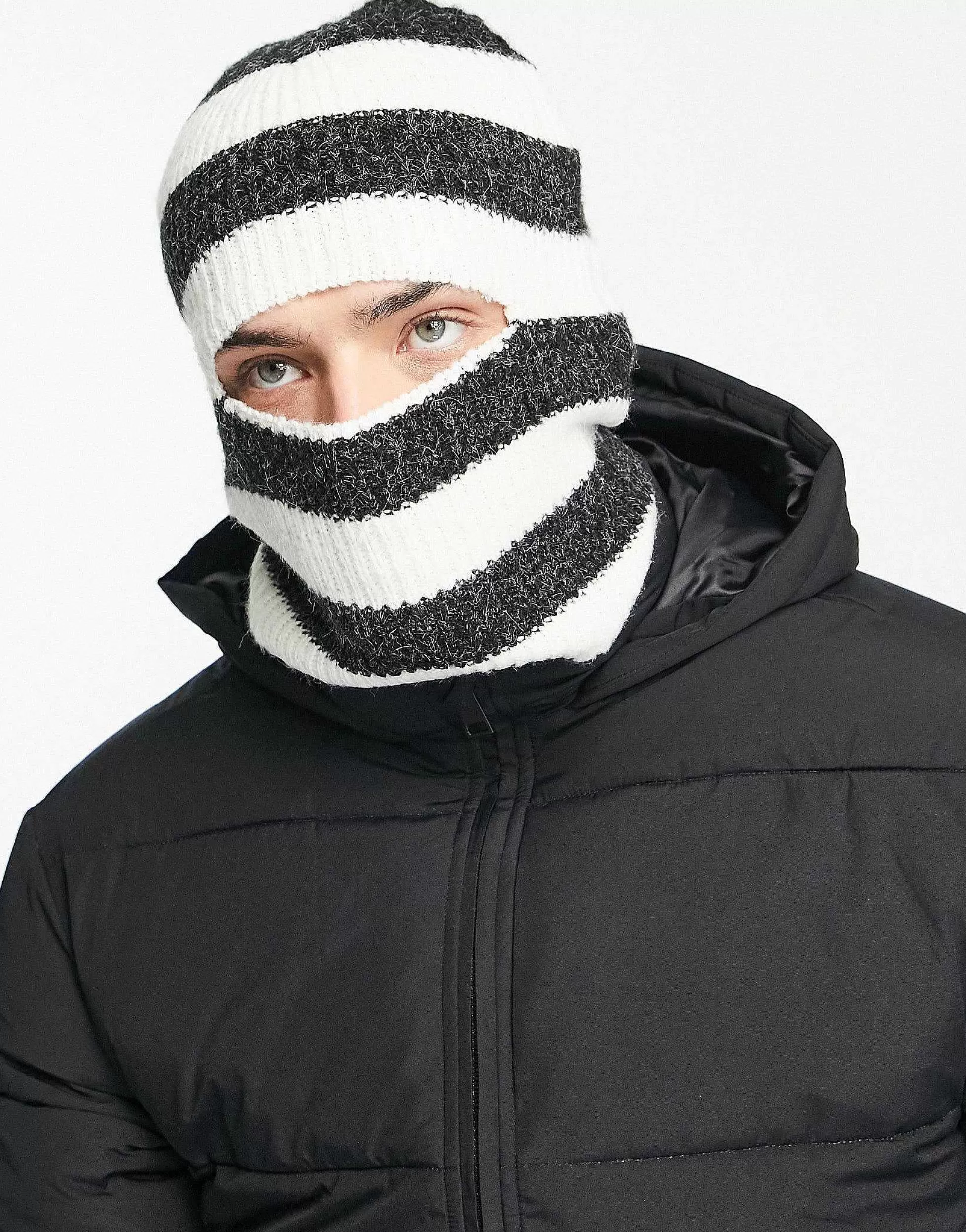 Men ADPT Rib Knitted Balaclava In White Stripe
