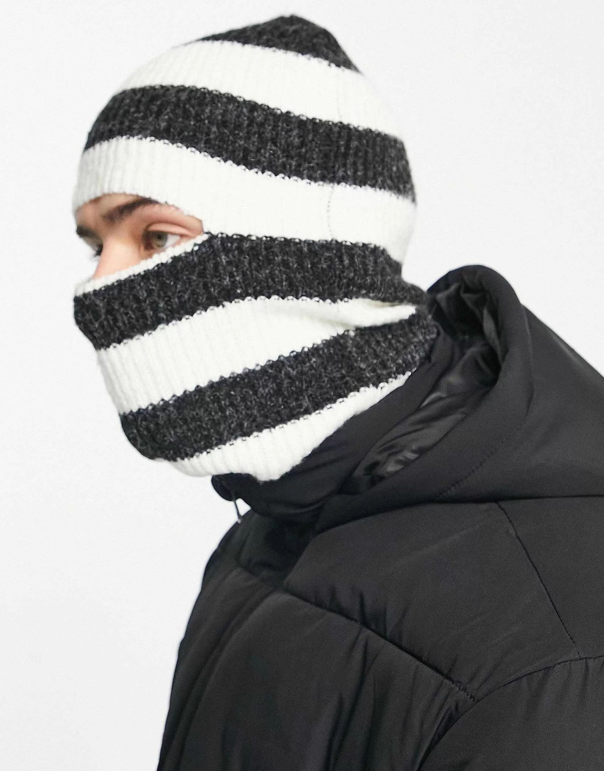 Men ADPT Rib Knitted Balaclava In White Stripe