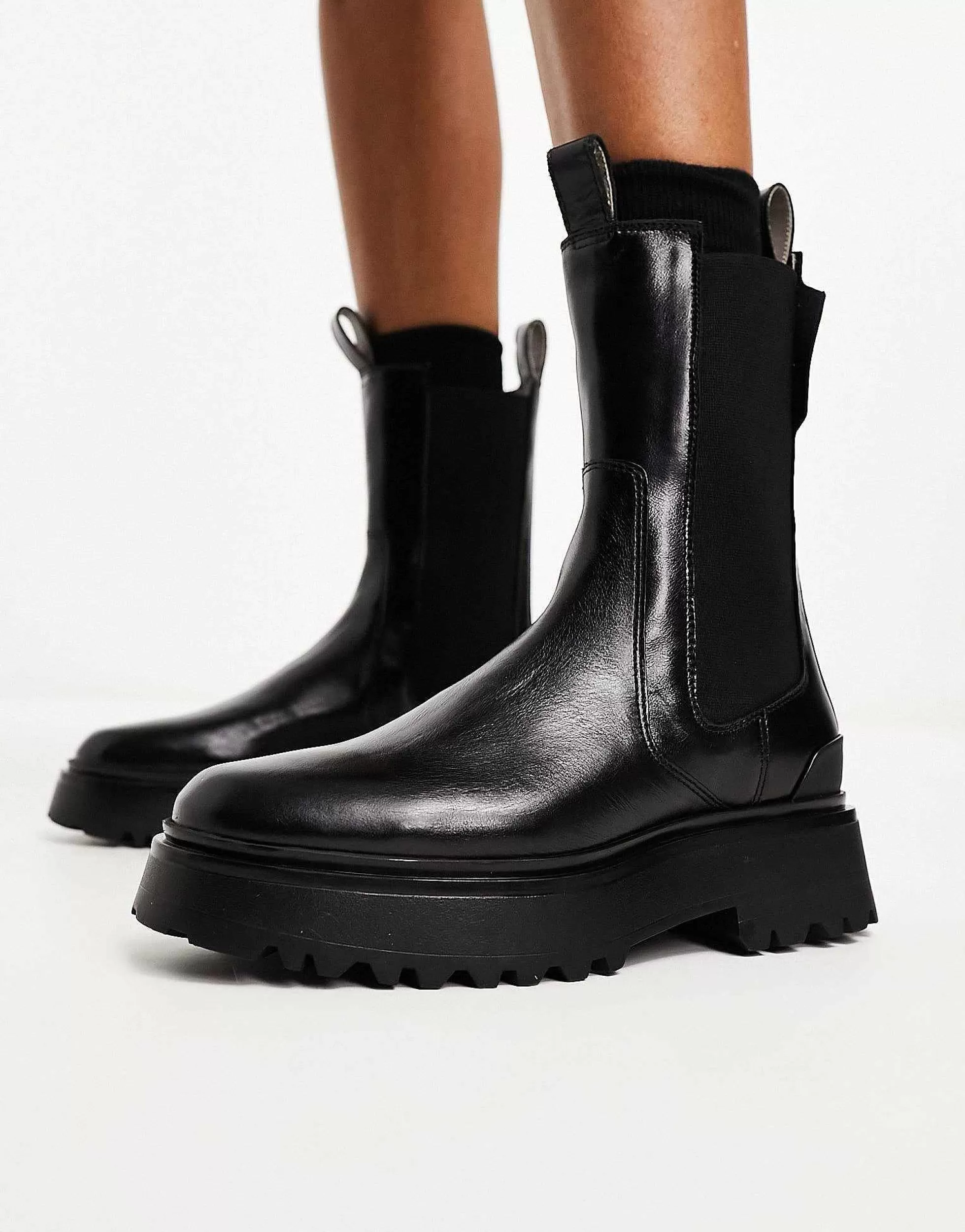 Women AllSaints Amber Leather Chunky Tall Chelsea Boots In