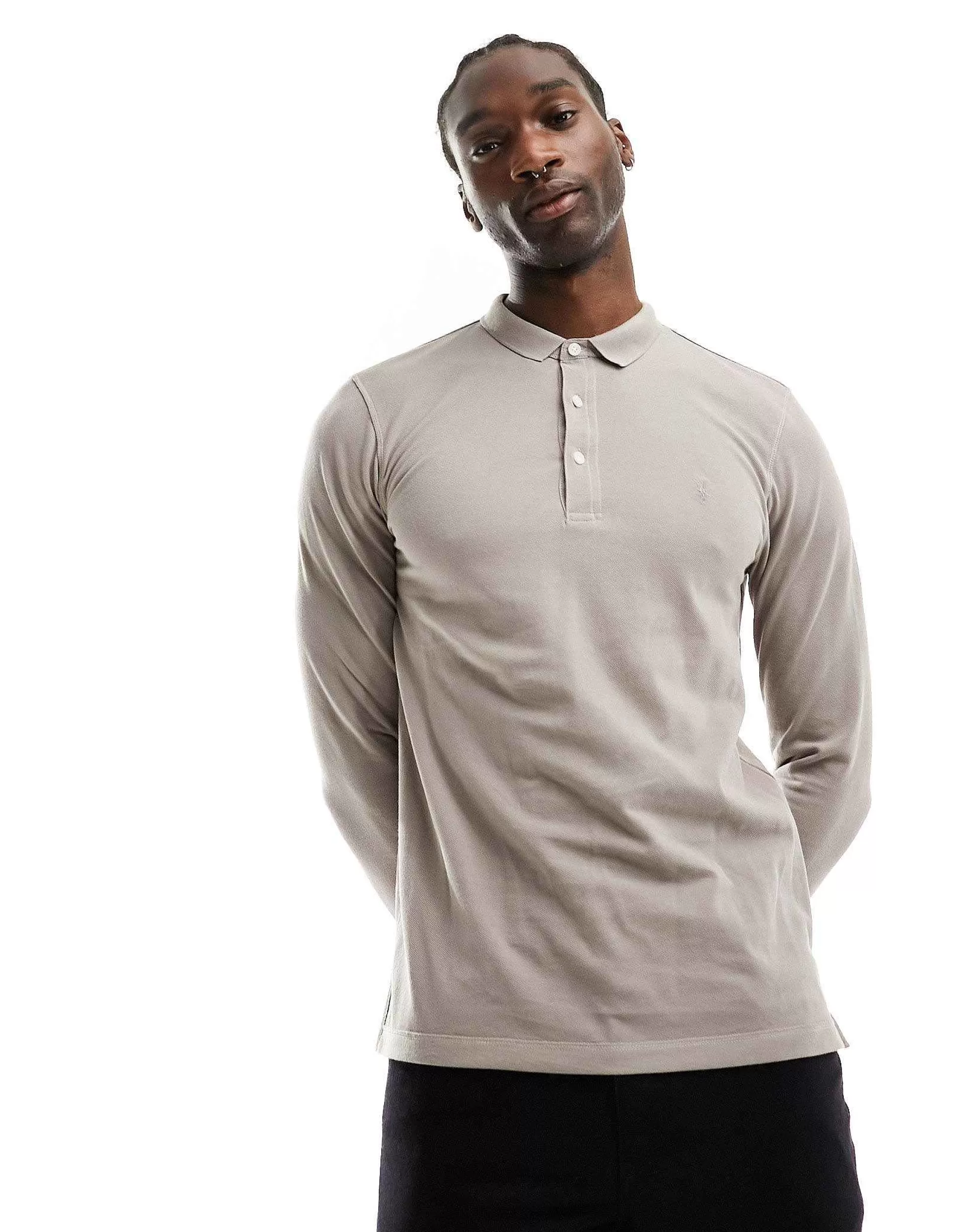 Men AllSaints Reform Long Sleeve Polo Top In Beige
