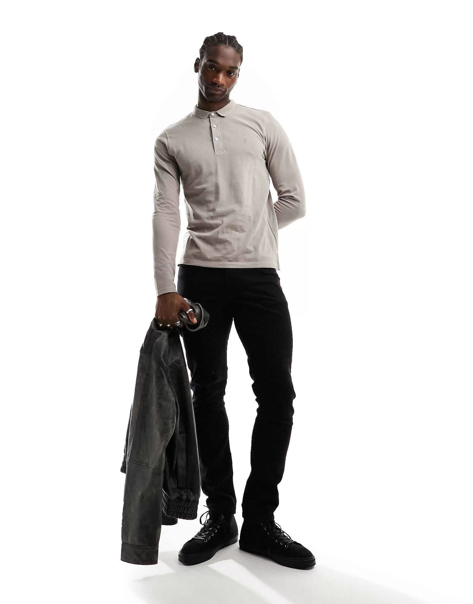 Men AllSaints Reform Long Sleeve Polo Top In Beige
