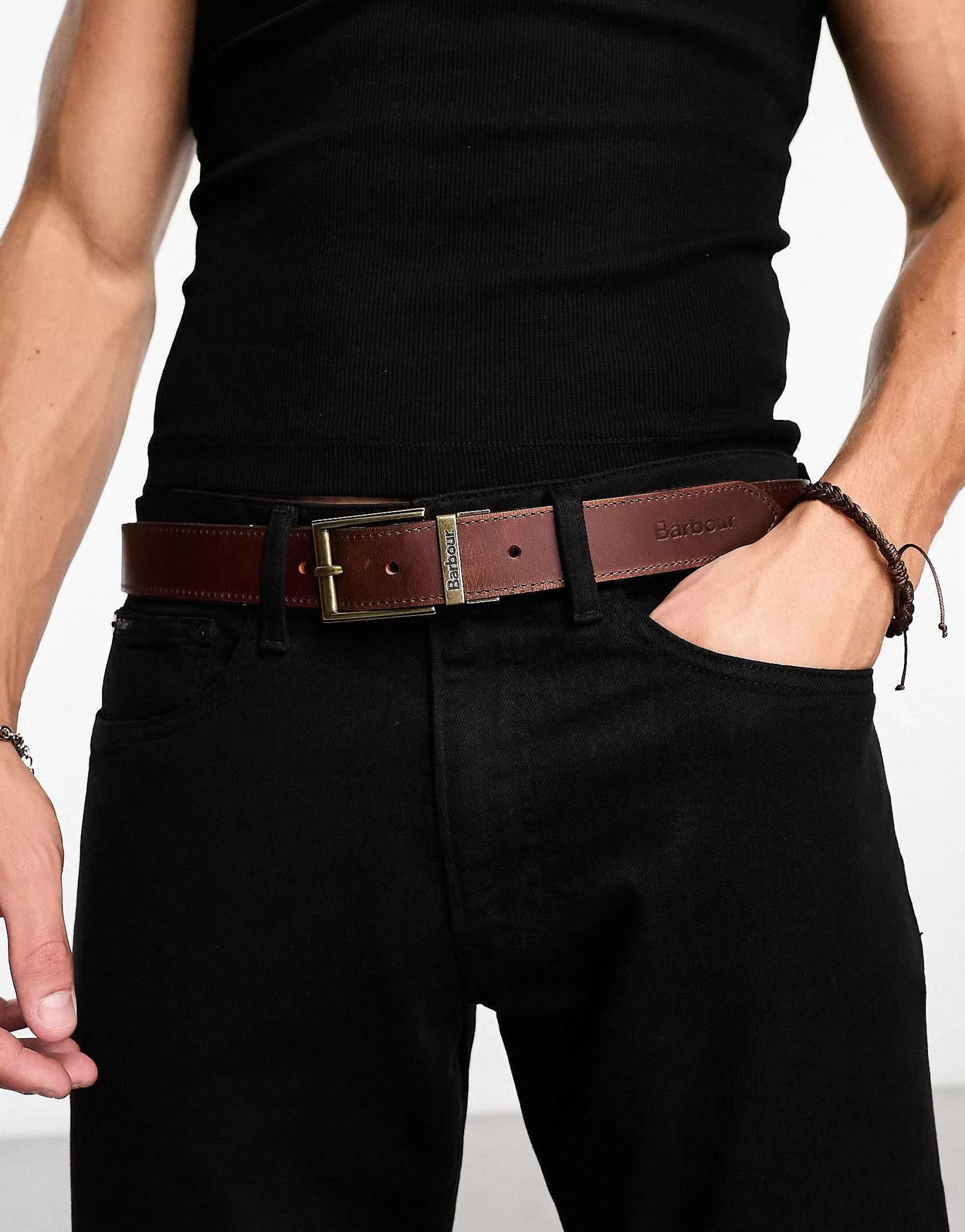 Men Barbour Reversable Tartan Leather Belt In Dark Brown