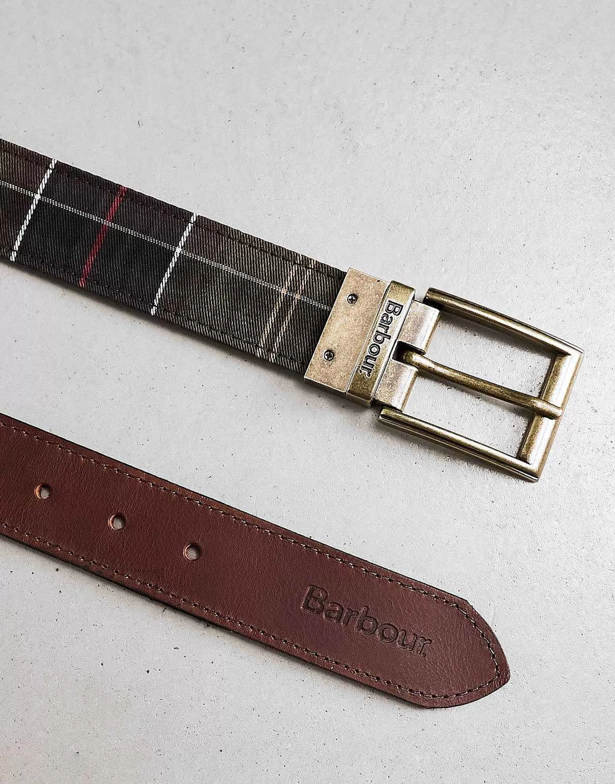 Men Barbour Reversable Tartan Leather Belt In Dark Brown