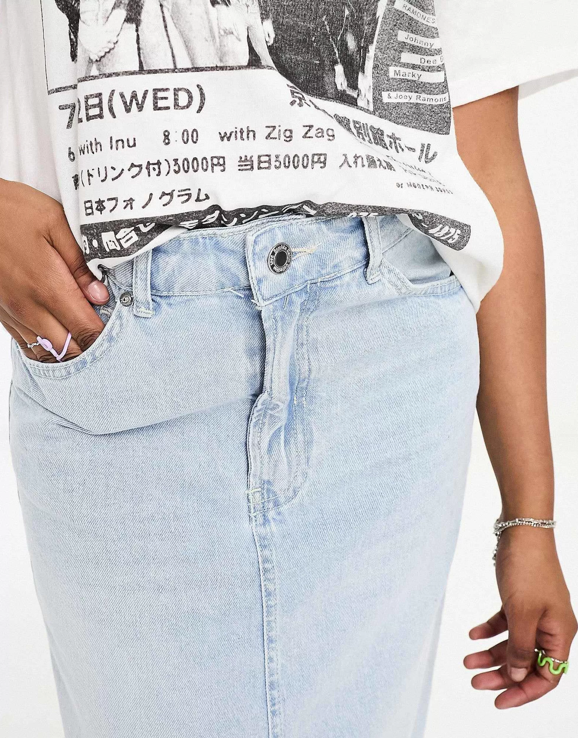 Women Bershka Raw Hem Split Hem Denim Midi Skirt In
