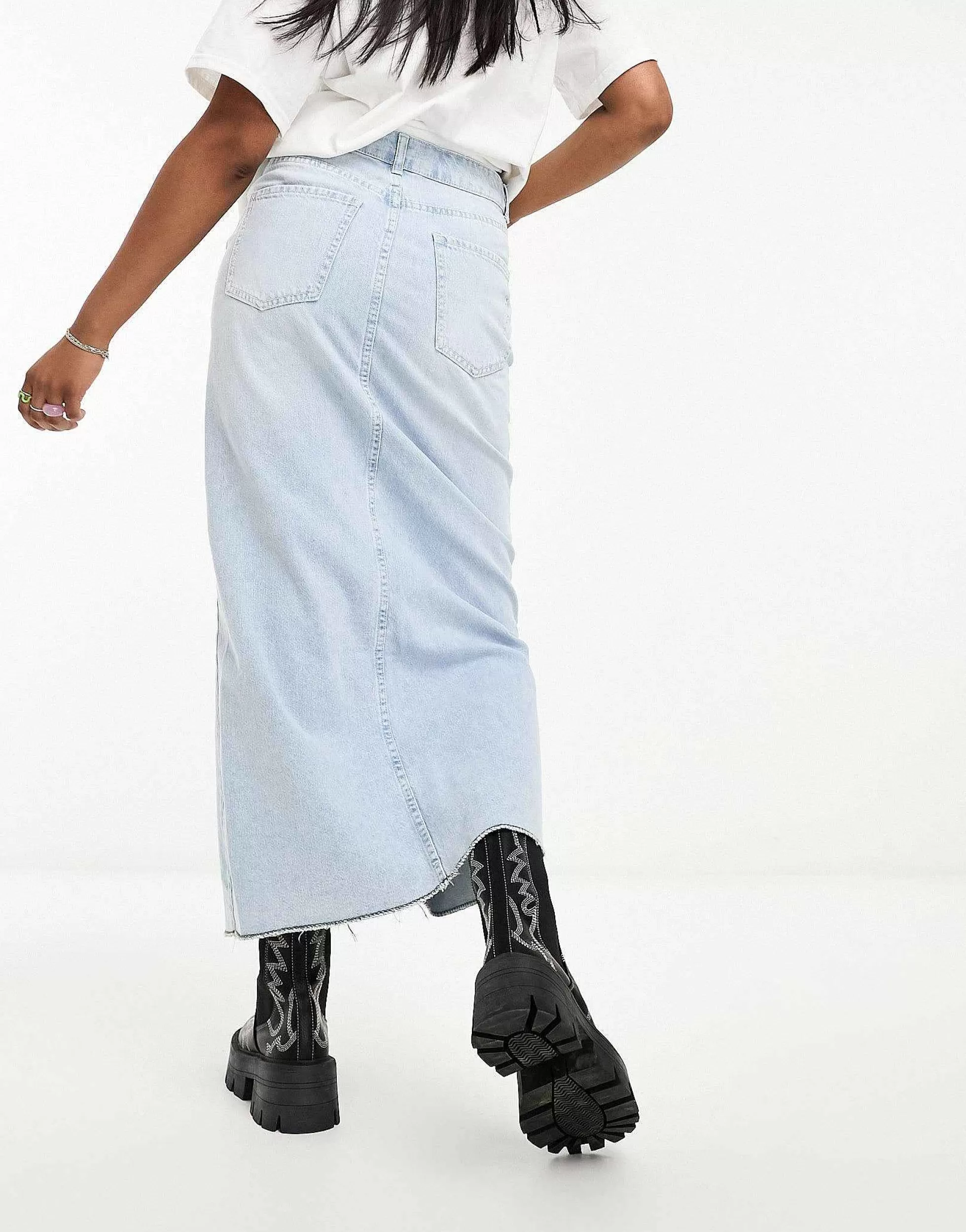 Women Bershka Raw Hem Split Hem Denim Midi Skirt In