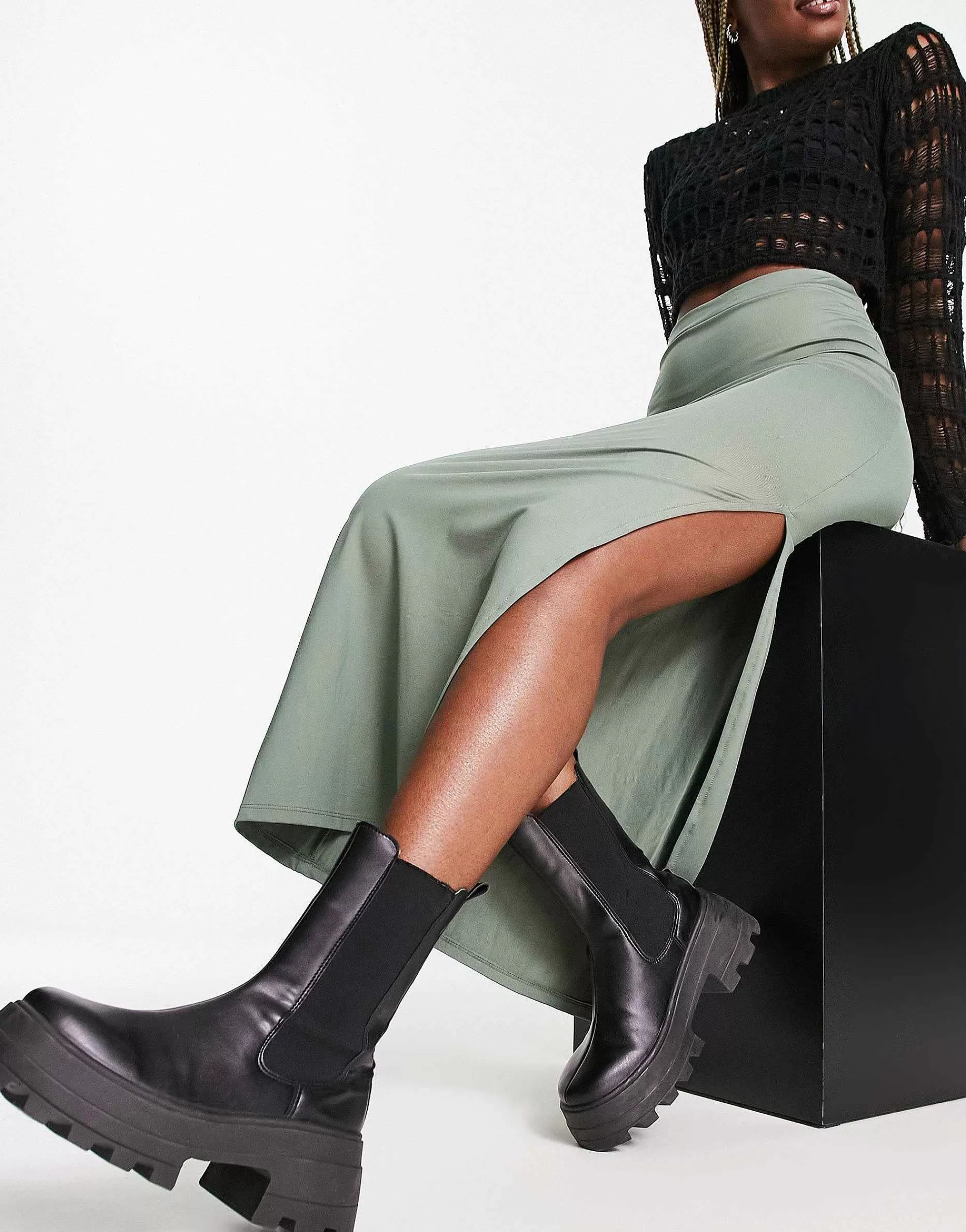 Women Bershka Ribbed Midaxi Skirt In