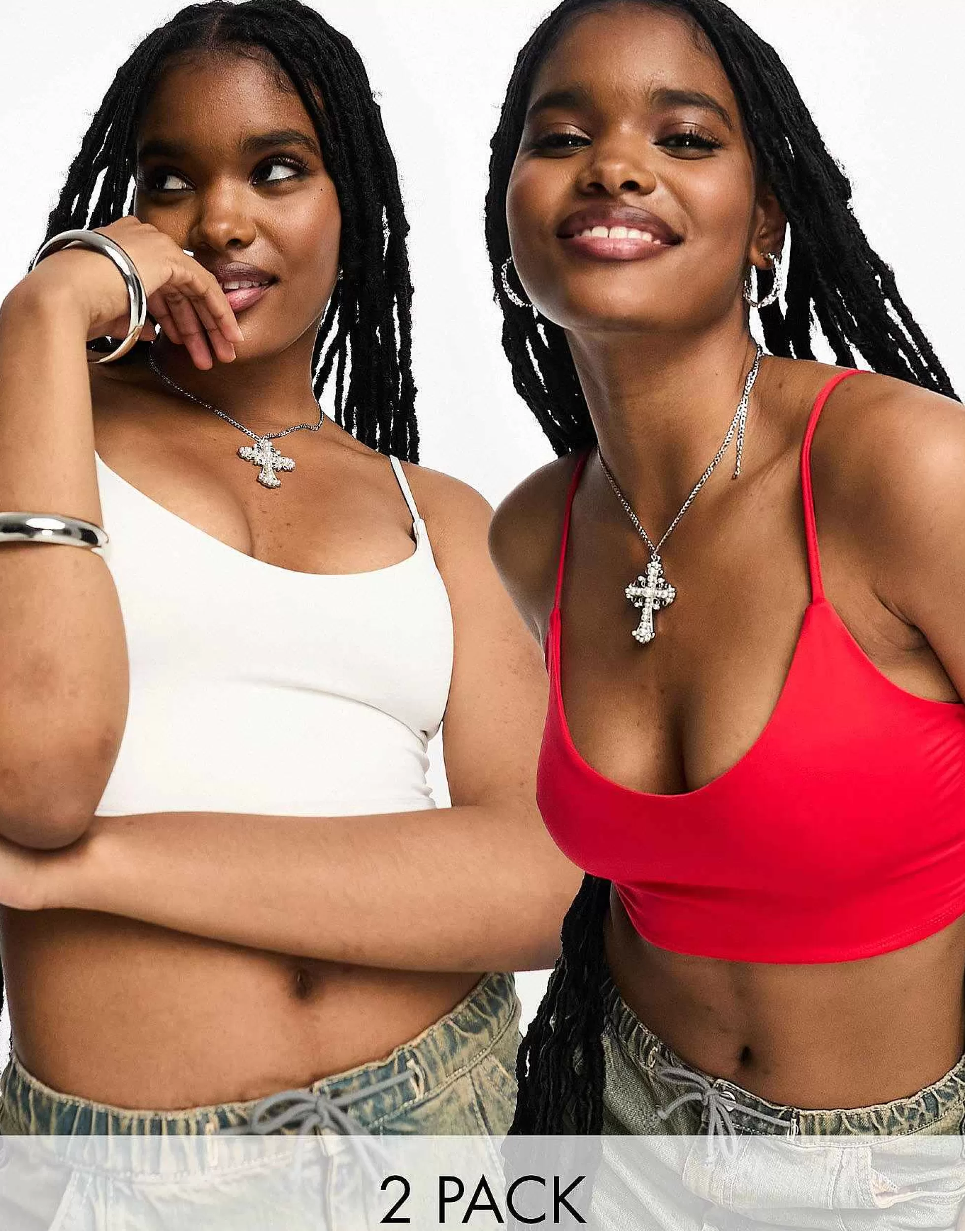 Women Bershka Slinky V-Neck Cami Top 2 Pack In Red & White
