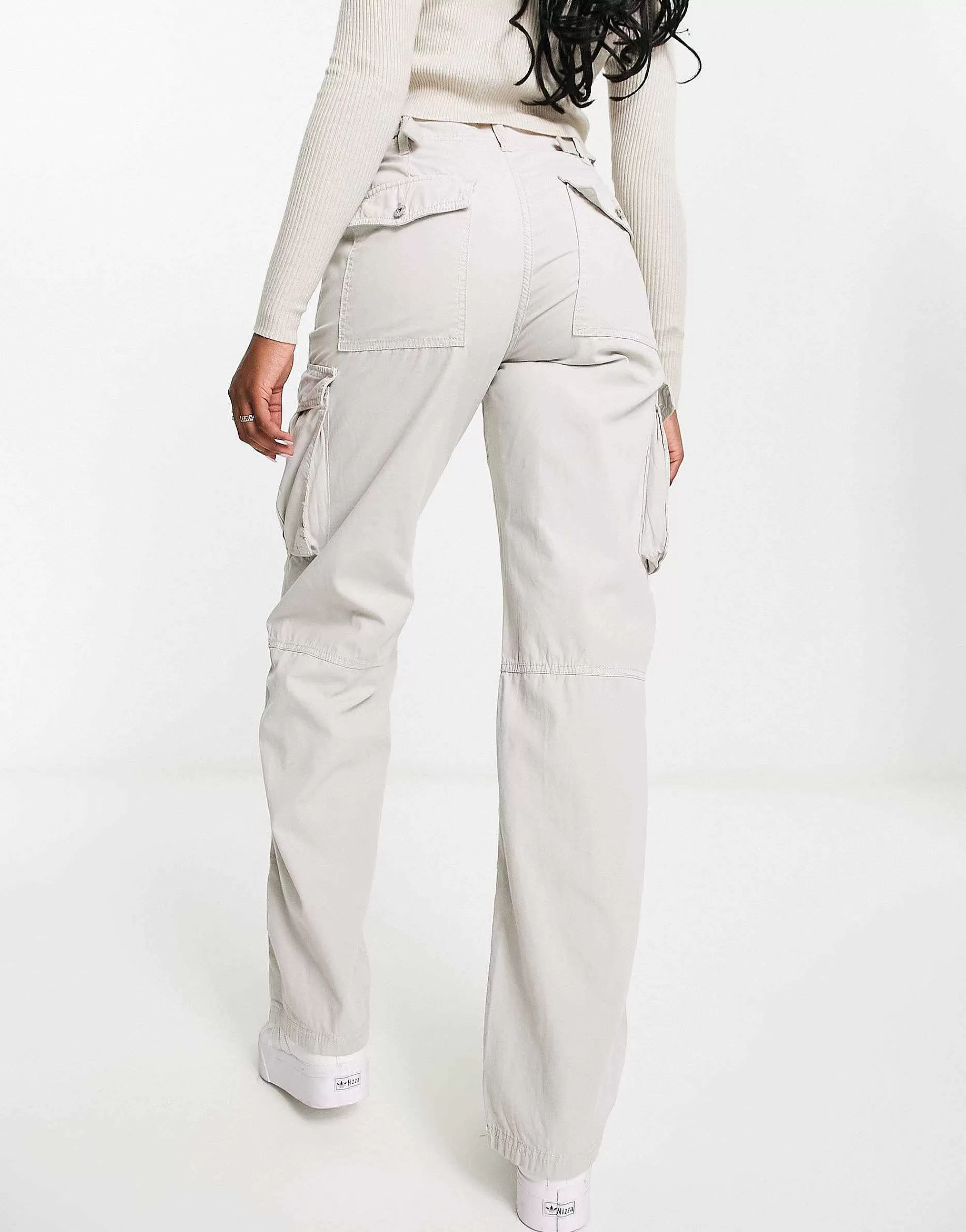 Women Bershka Straight Leg Cargo Trousers In Stone