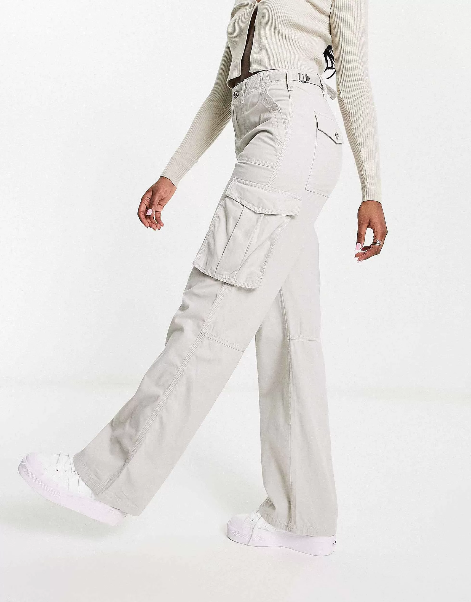 Women Bershka Straight Leg Cargo Trousers In Stone