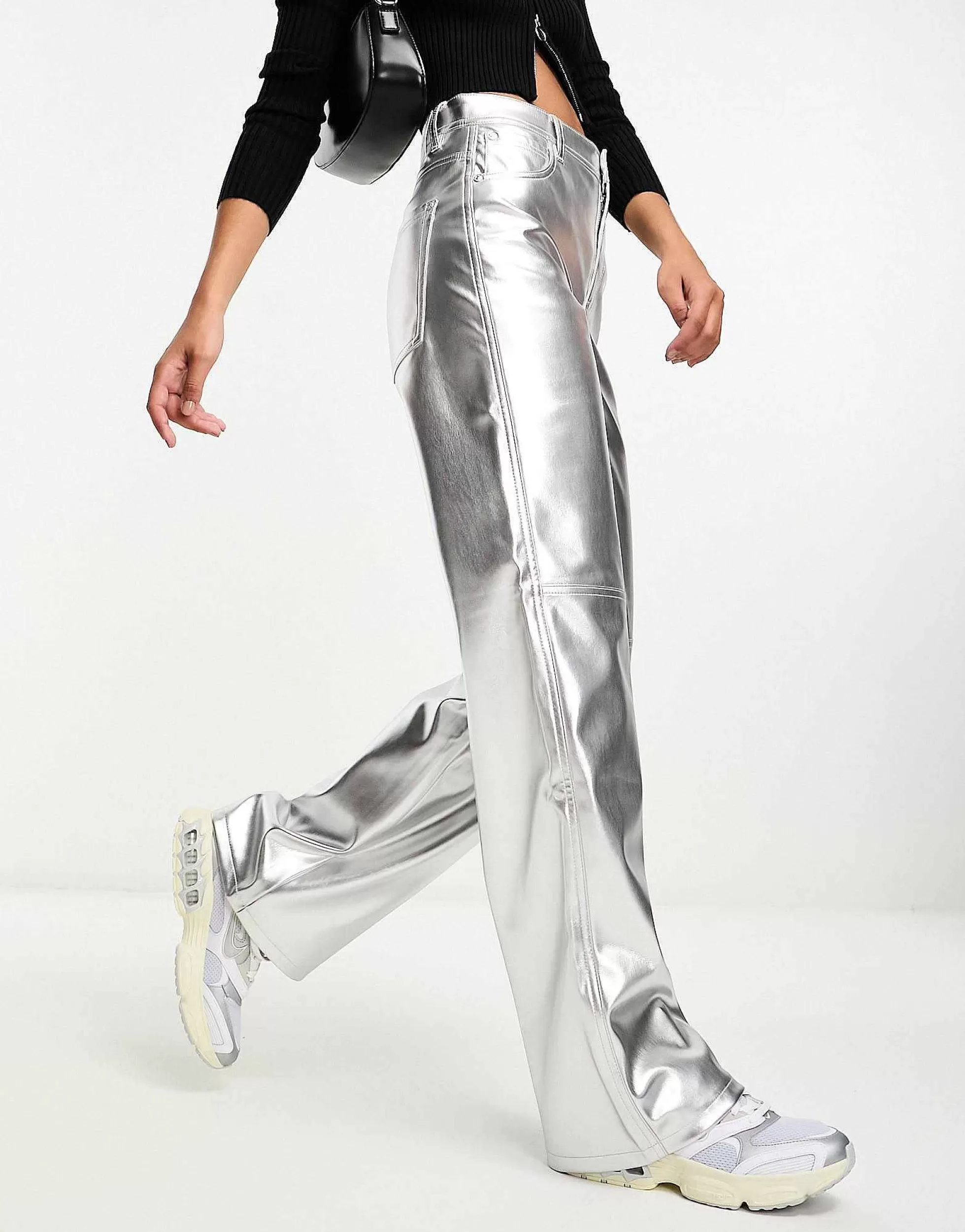Women Bershka Straight Leg Faux Leather Trousers In