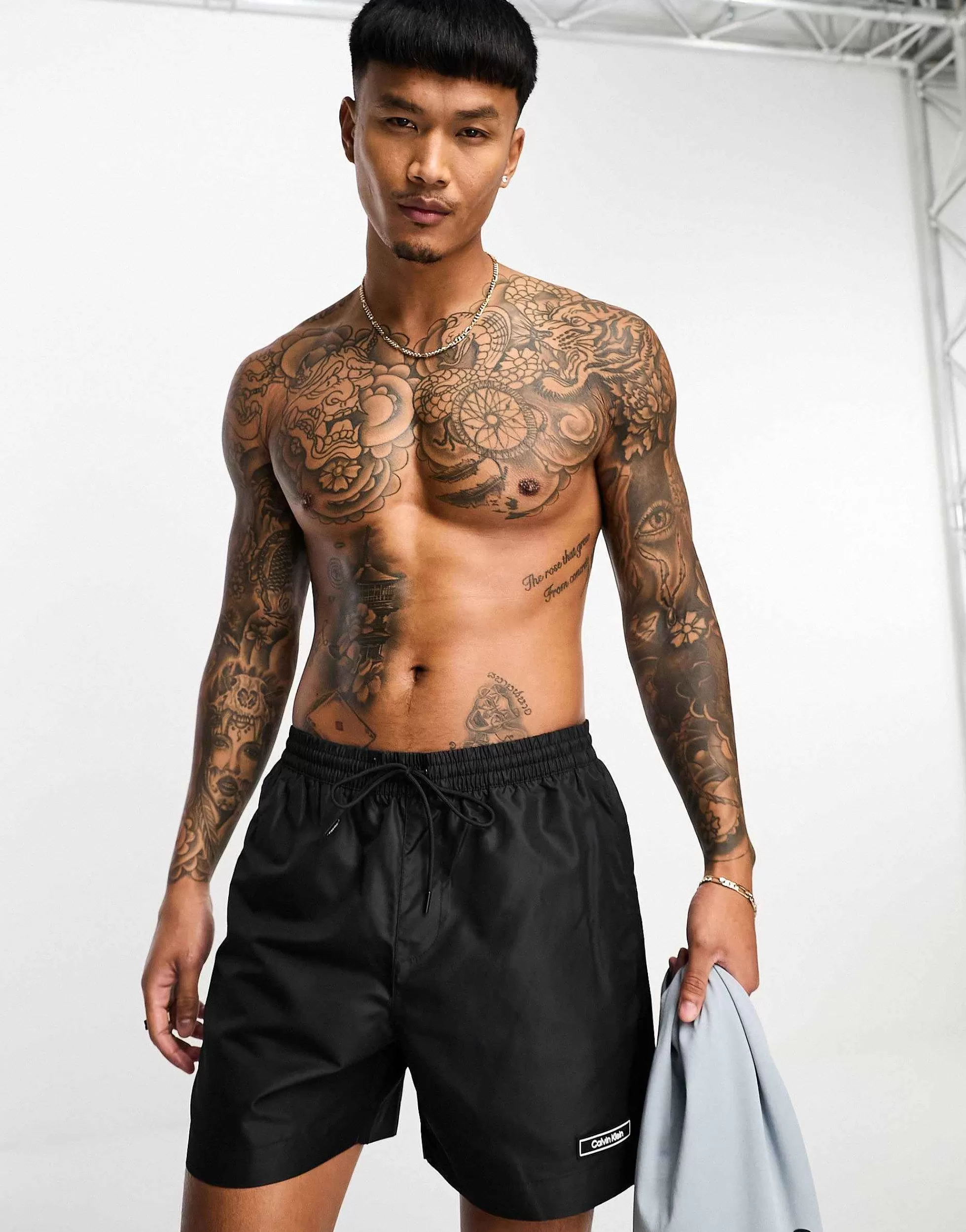 Men Calvin Klein Core Logo Tape Short Drawstring Swim Shorts In