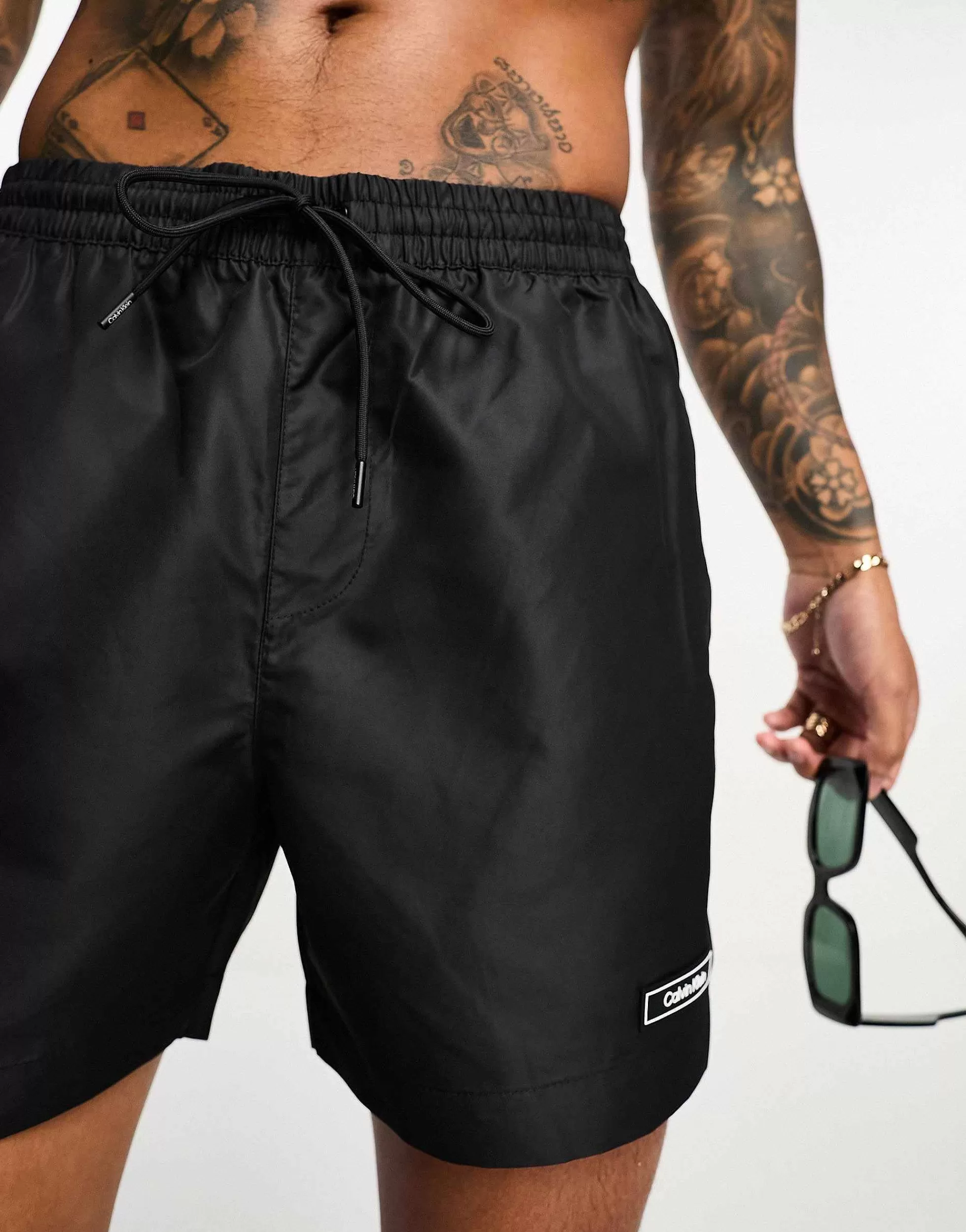 Men Calvin Klein Core Logo Tape Short Drawstring Swim Shorts In