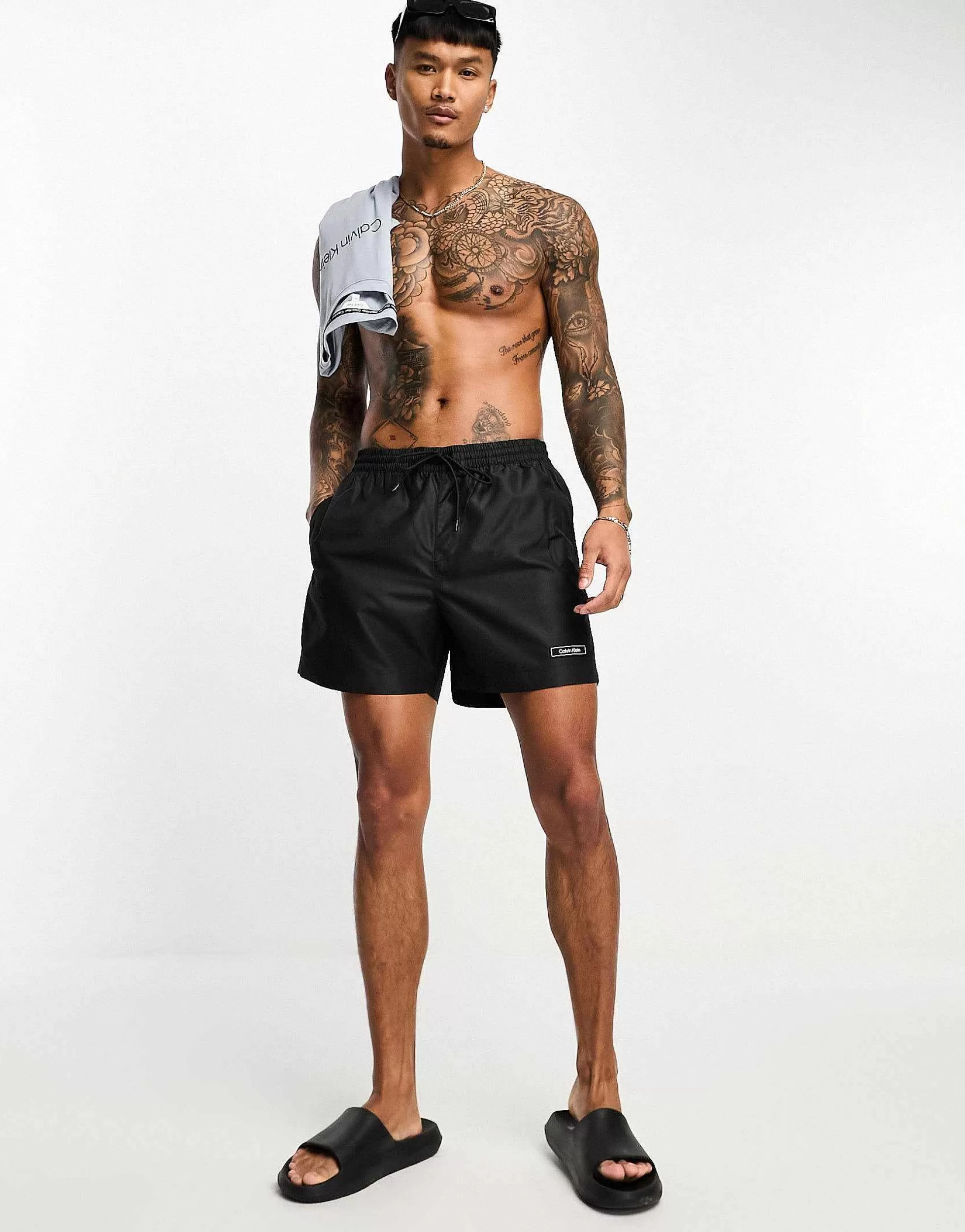 Men Calvin Klein Core Logo Tape Short Drawstring Swim Shorts In
