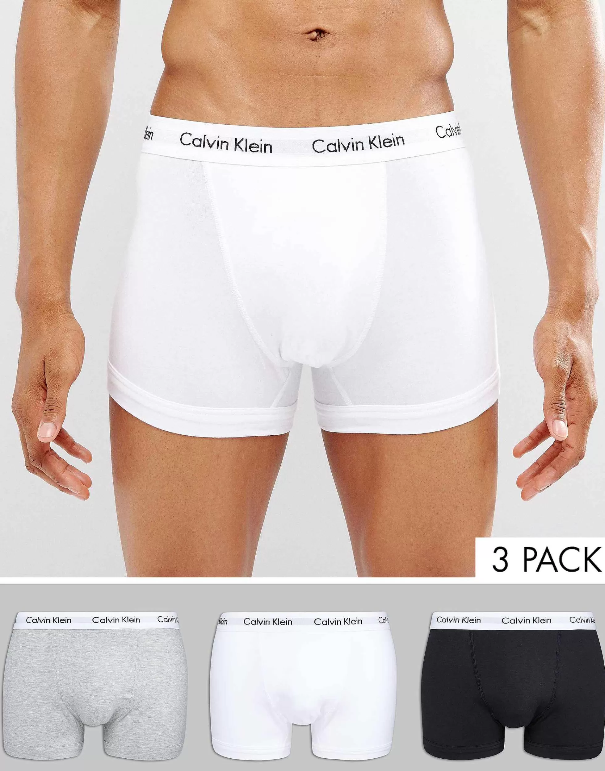 Men Calvin Klein Cotton Stretch 3-Pack Trunks In Black,White And Grey