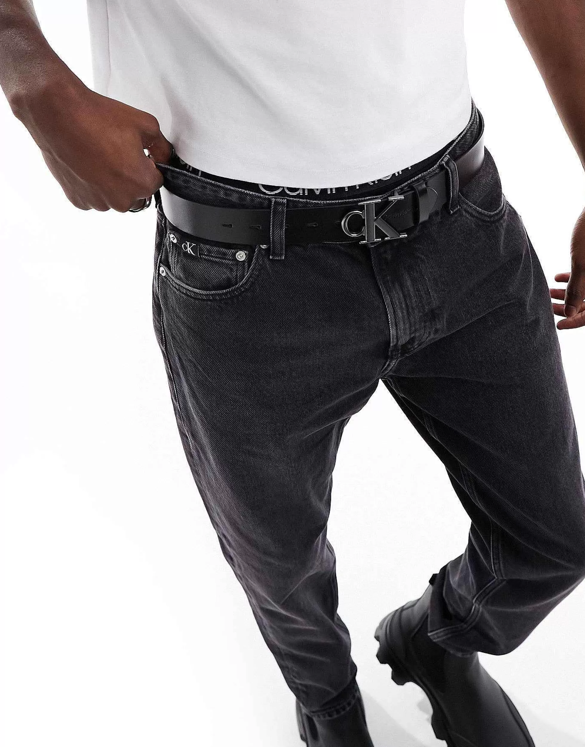 Men Calvin Klein Jeans Monogram Logo Round Plaque Leather Belt In