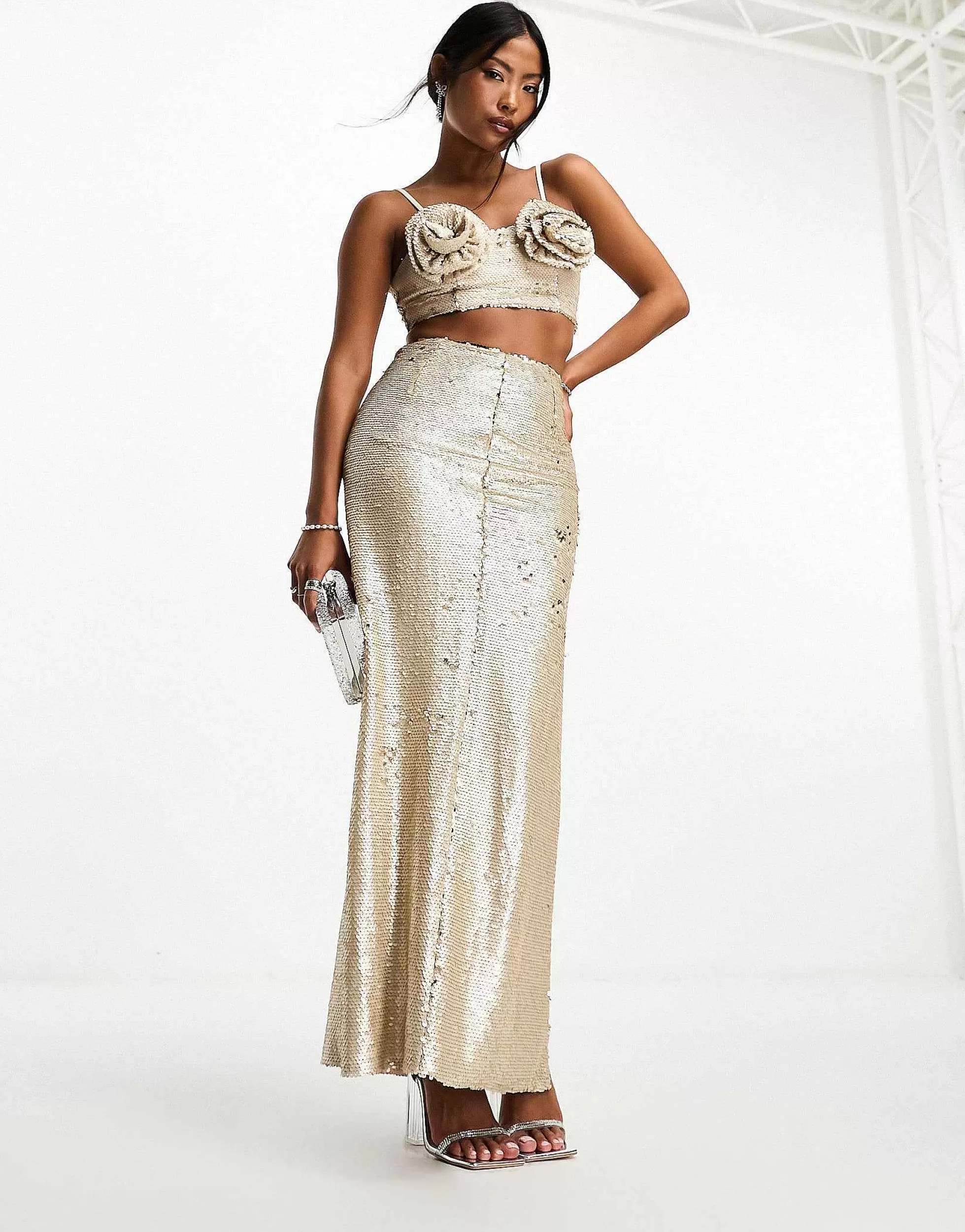 Women Collective The Label Petite Exclusive Embellished Maxi Skirt Co-Ord In Champagne
