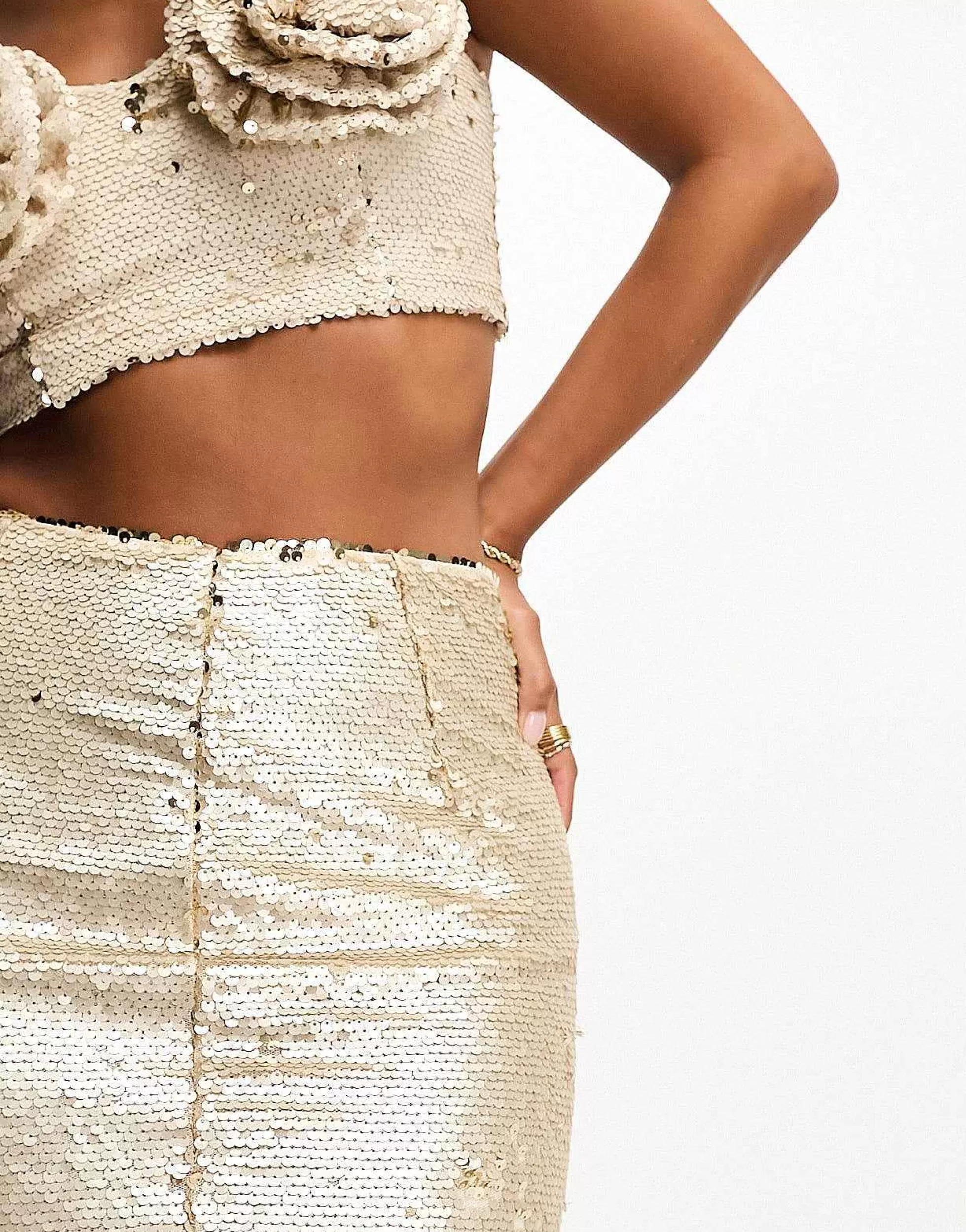 Women Collective The Label Petite Exclusive Embellished Maxi Skirt Co-Ord In Champagne