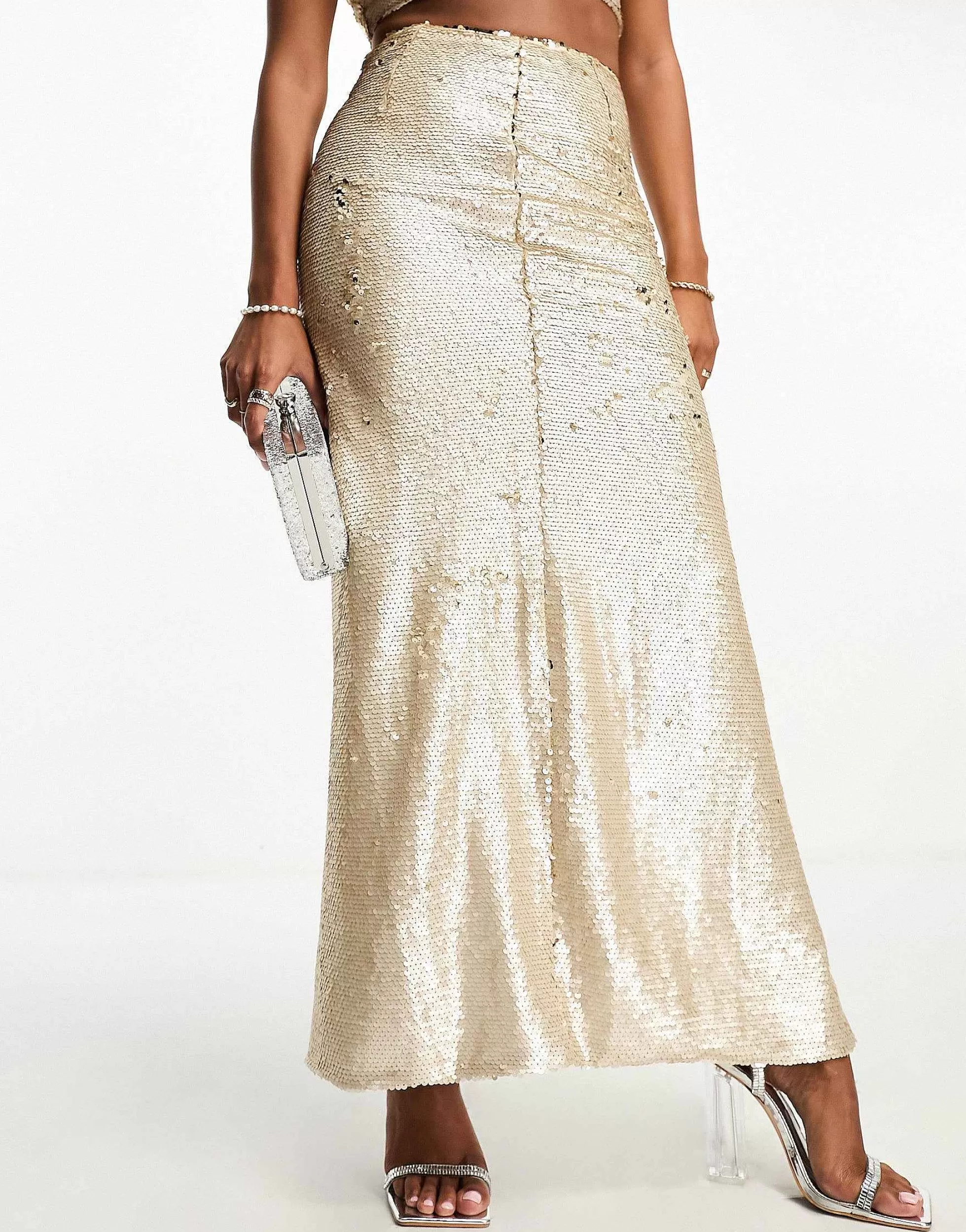 Women Collective The Label Petite Exclusive Embellished Maxi Skirt Co-Ord In Champagne