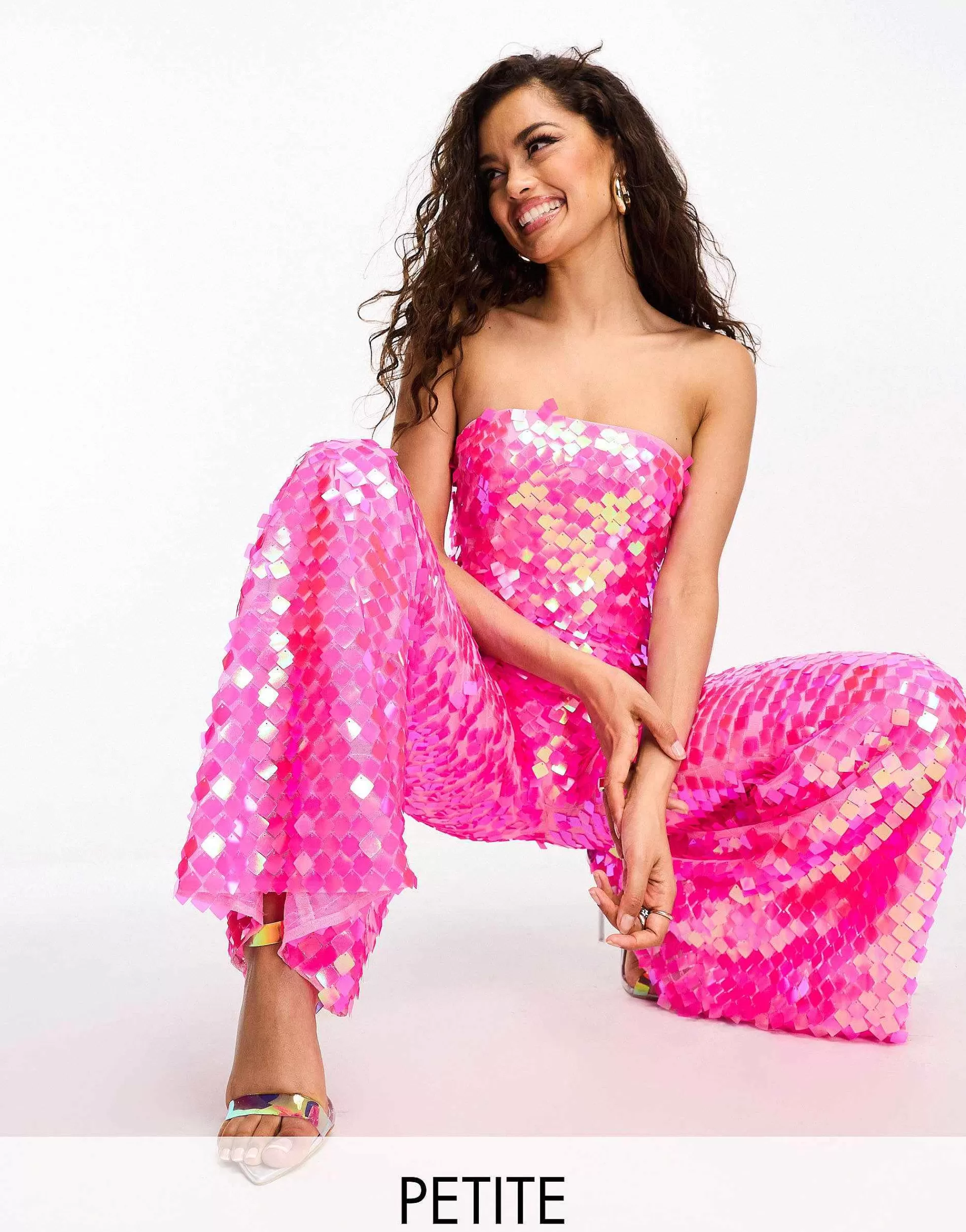 Women Collective The Label Petite Strapless Disc Sequin Jumpsuit In Pink