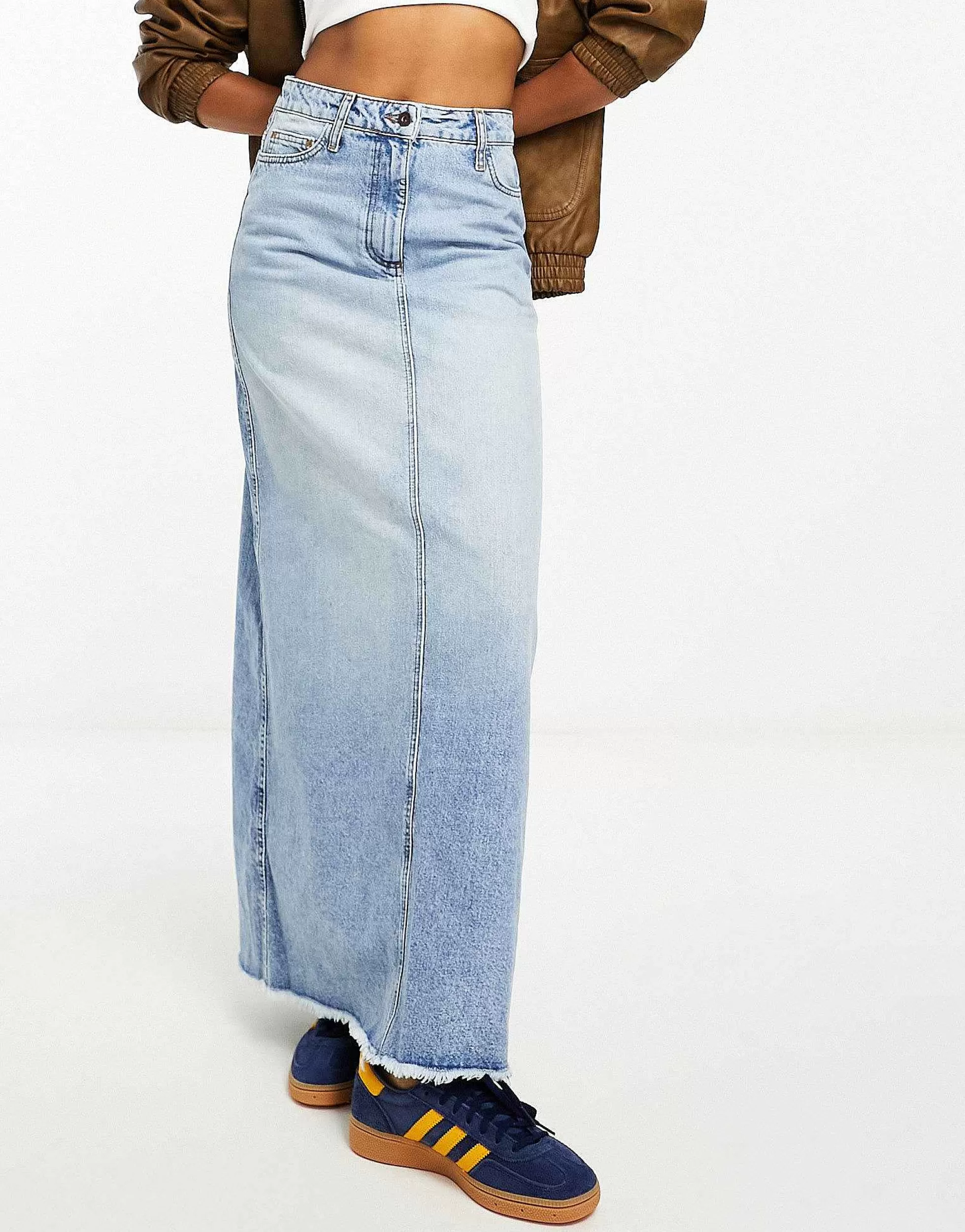 Women Collusion A-Line Long Maxi Denim Skirt In Vintage Blue Wash