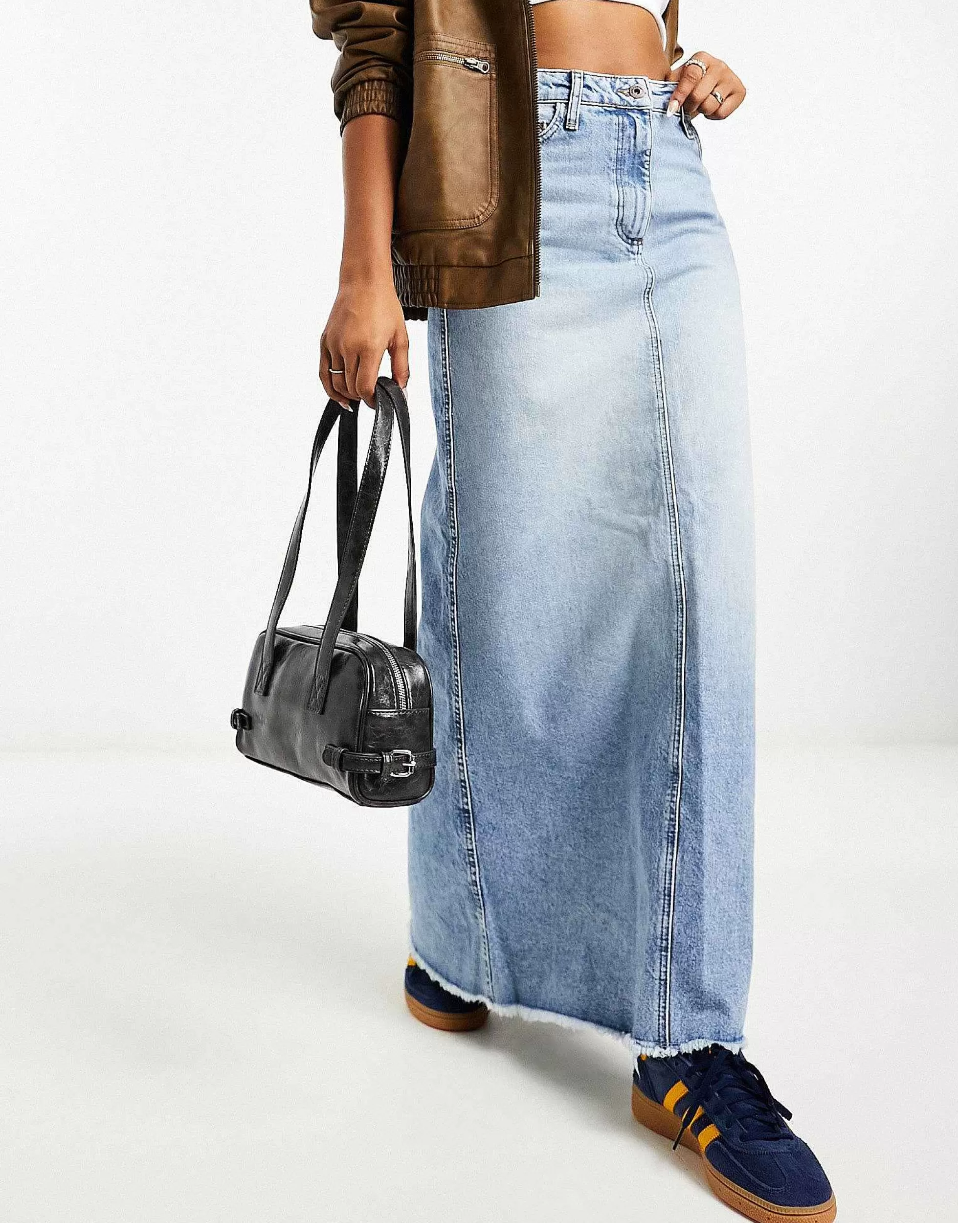 Women Collusion A-Line Long Maxi Denim Skirt In Vintage Blue Wash
