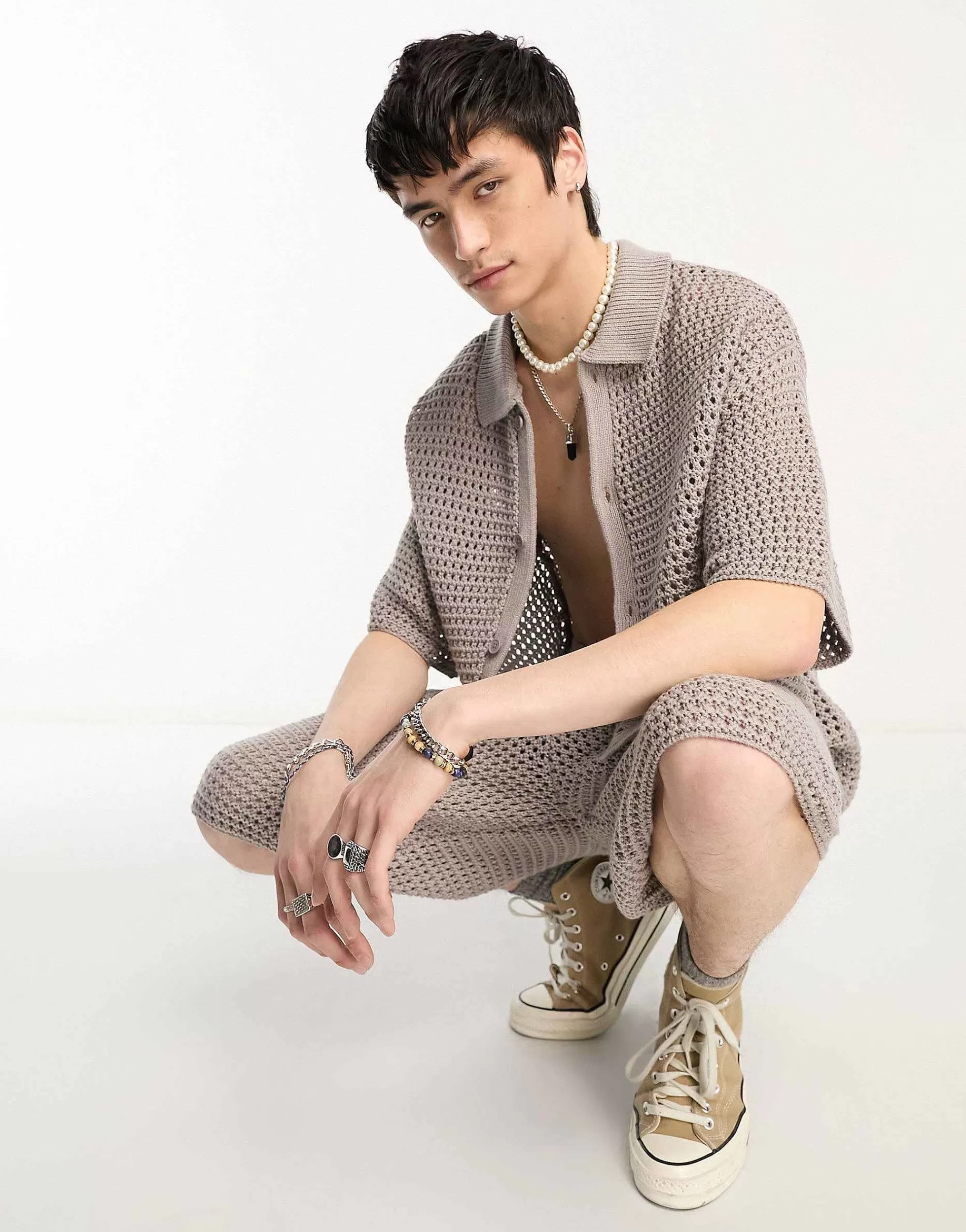 Men Collusion Crochet Longline Shorts In Grey Co-Ord