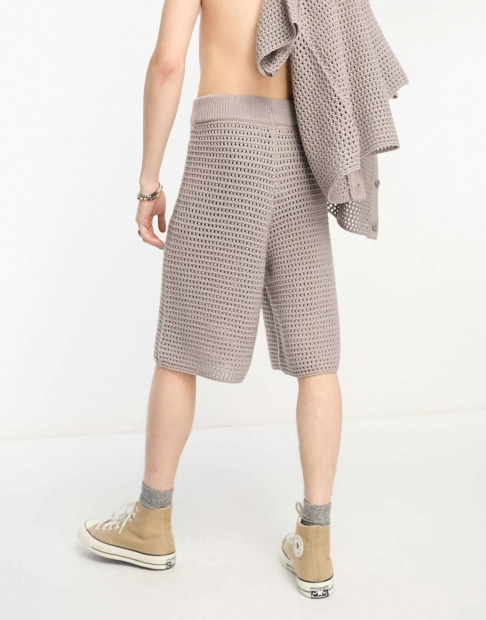 Men Collusion Crochet Longline Shorts In Grey Co-Ord