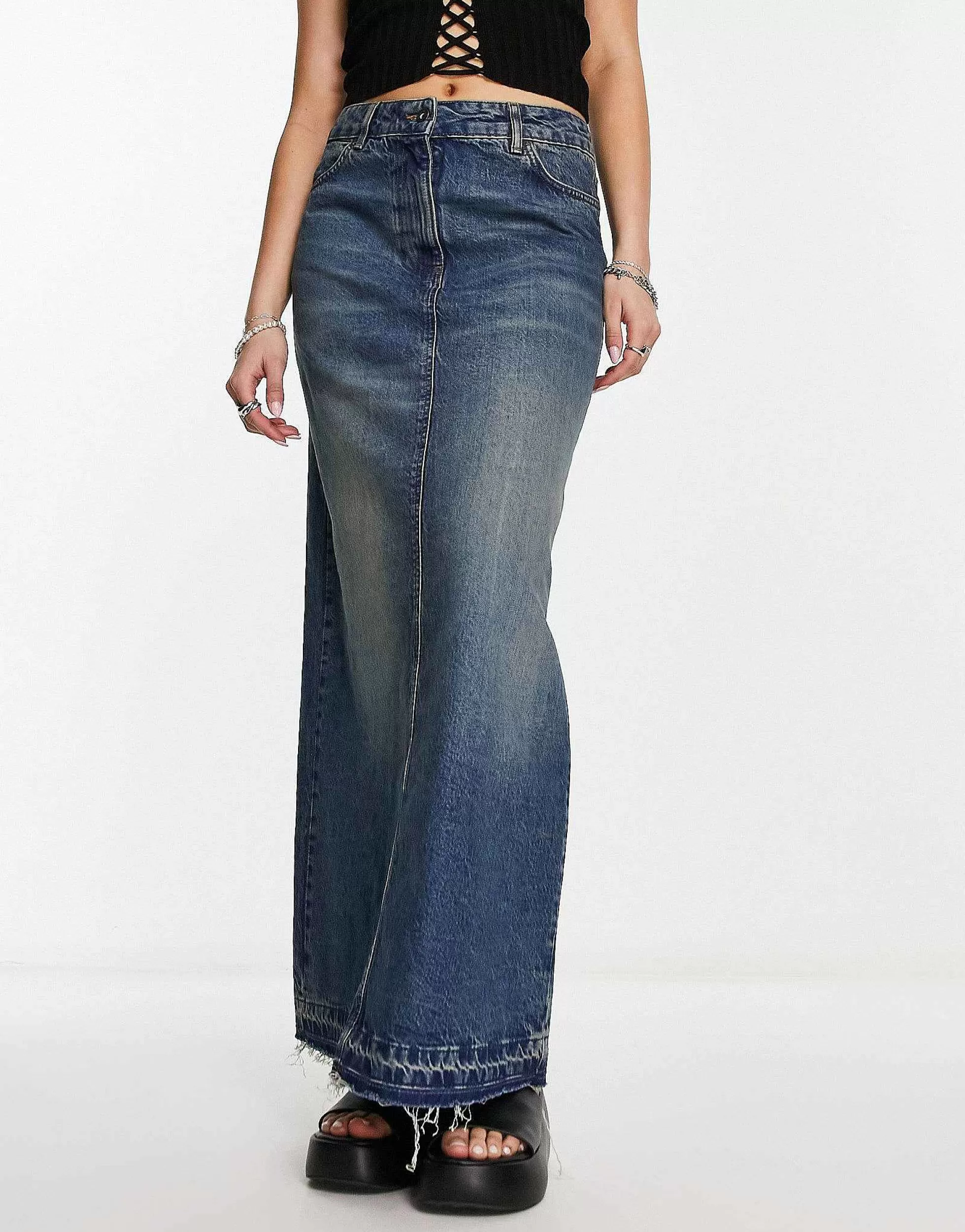 Women Collusion Long Maxi Denim Skirt In Blue Dirty Wash