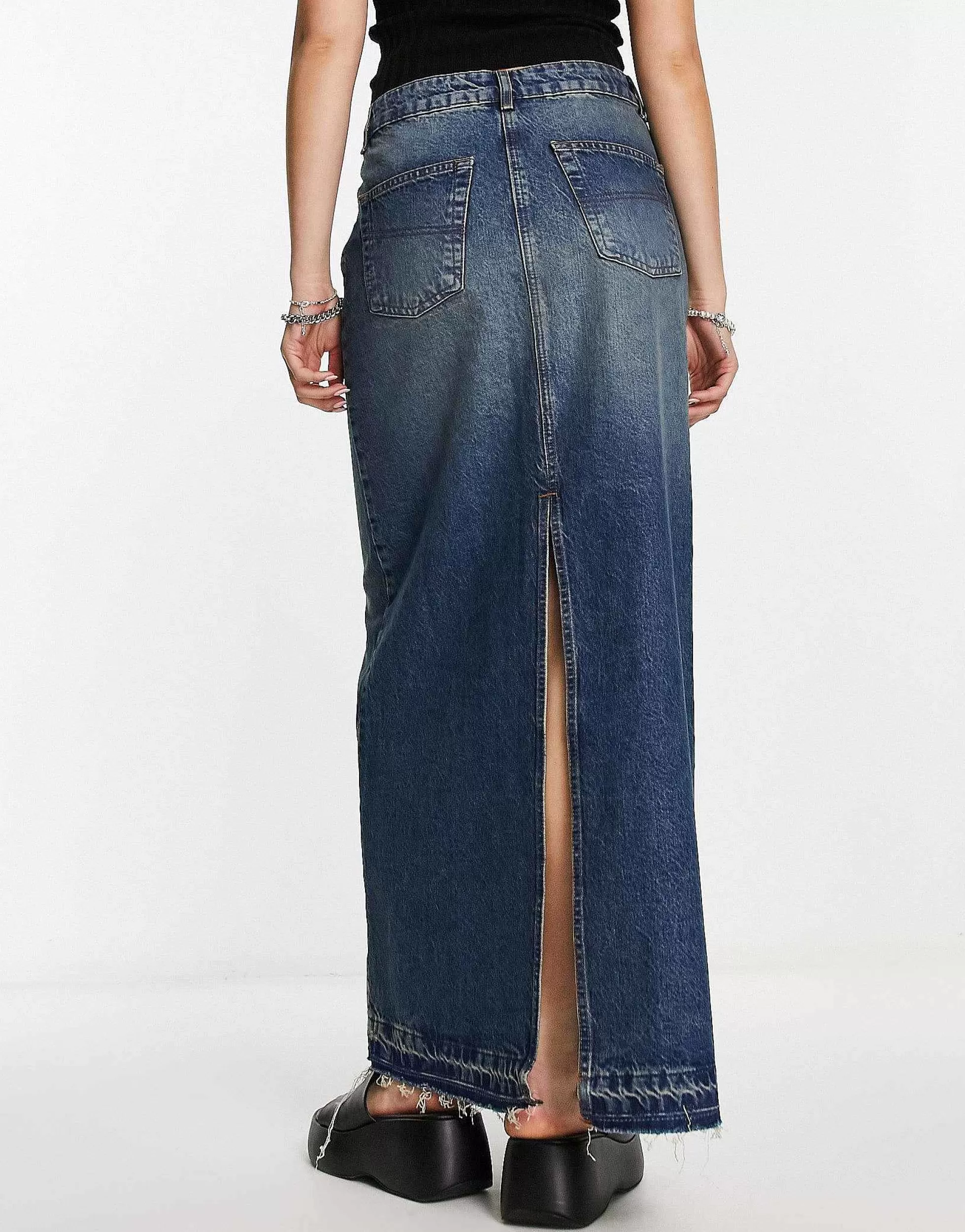 Women Collusion Long Maxi Denim Skirt In Blue Dirty Wash