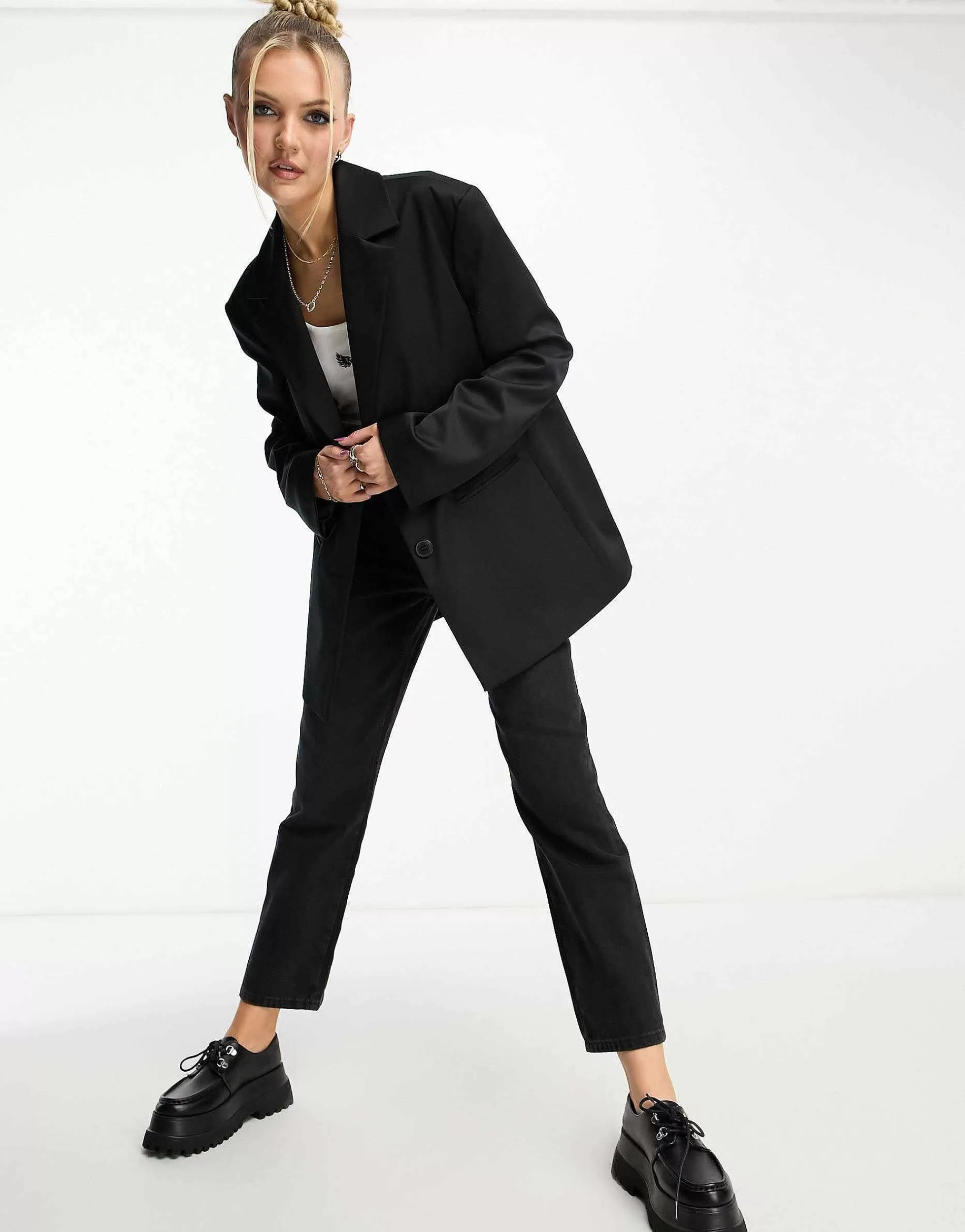 Women Collusion Oversized Woven Blazer With Pockets In