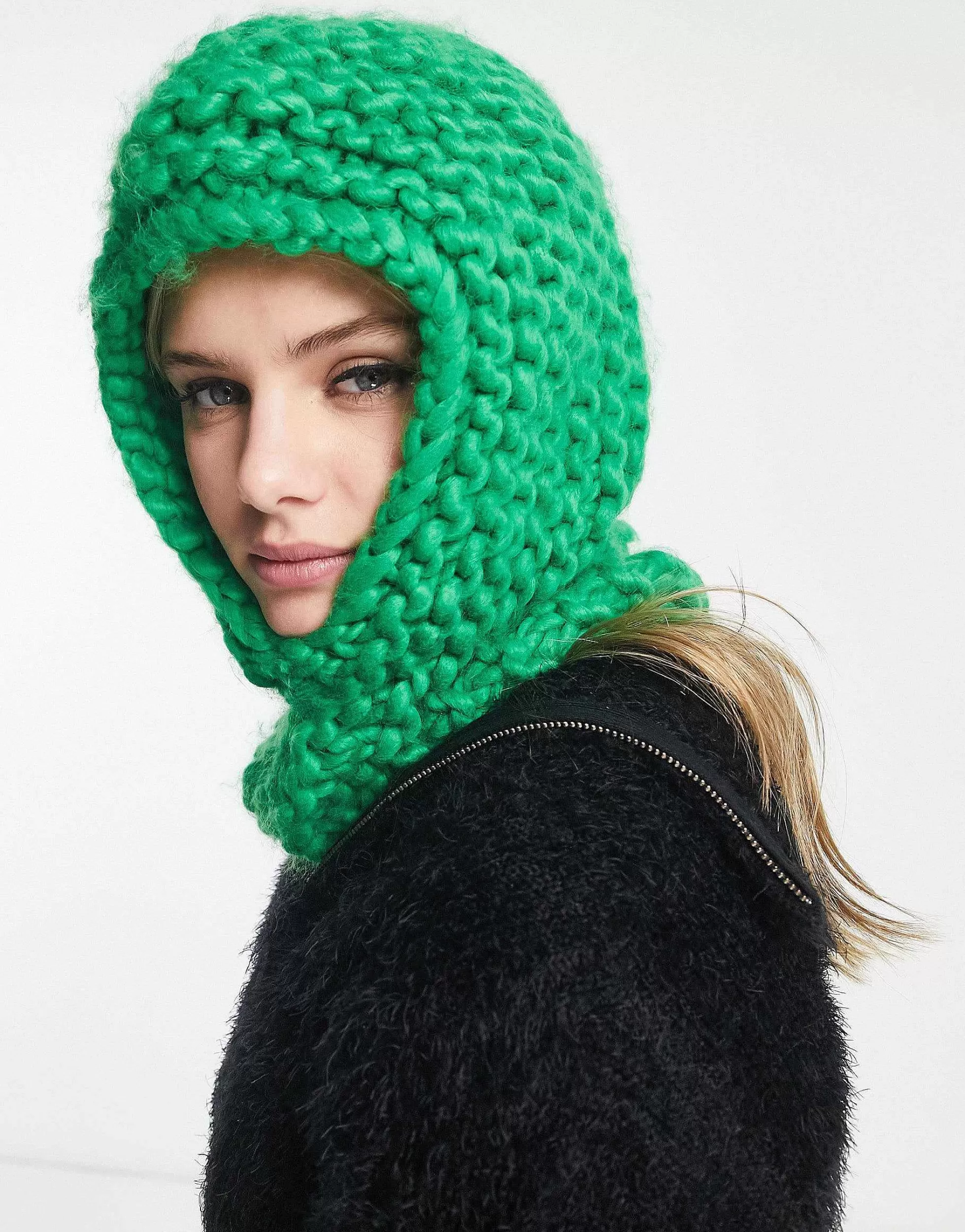 Men Collusion Unisex Chunky Crochet Knit Balaclava In Green