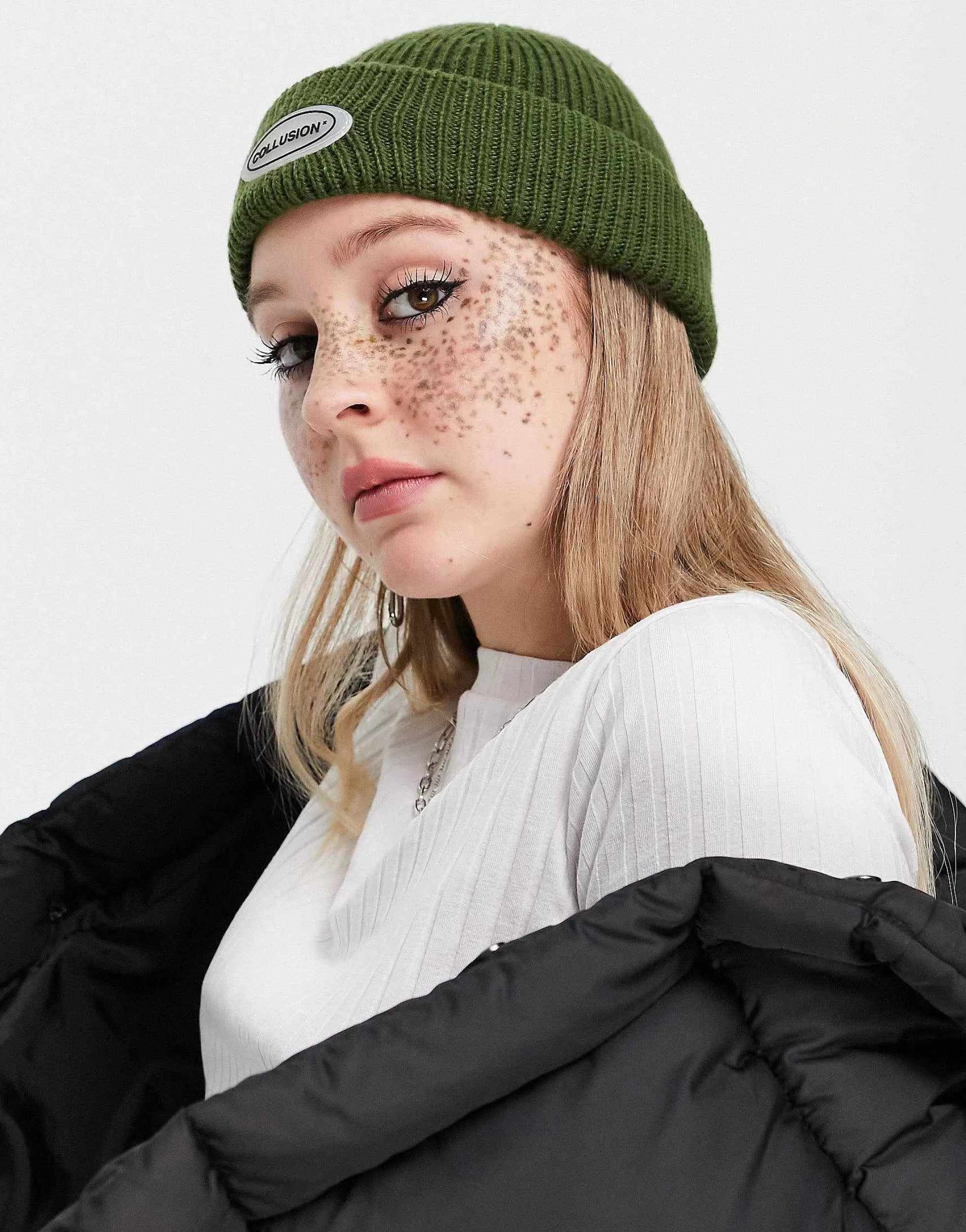 Men Collusion Unisex Fisherman Beanie With Logo In Green