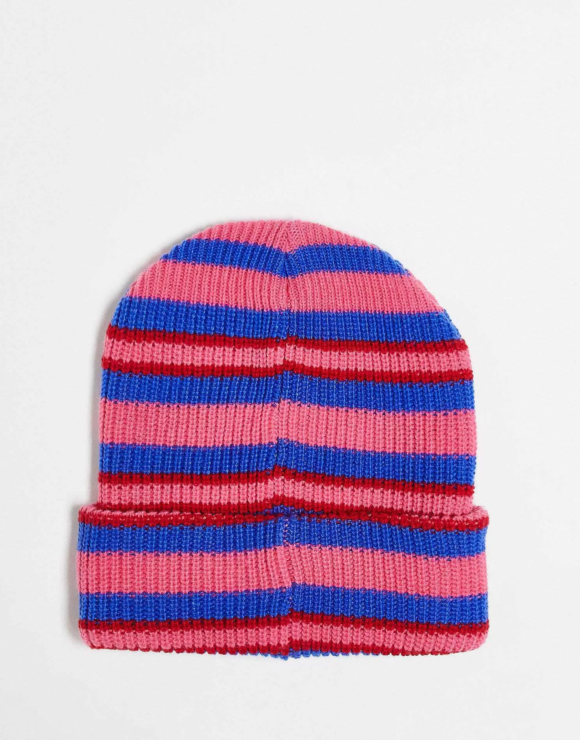 Men Collusion Unisex Stripe Logo Beanie In Pink And Blue