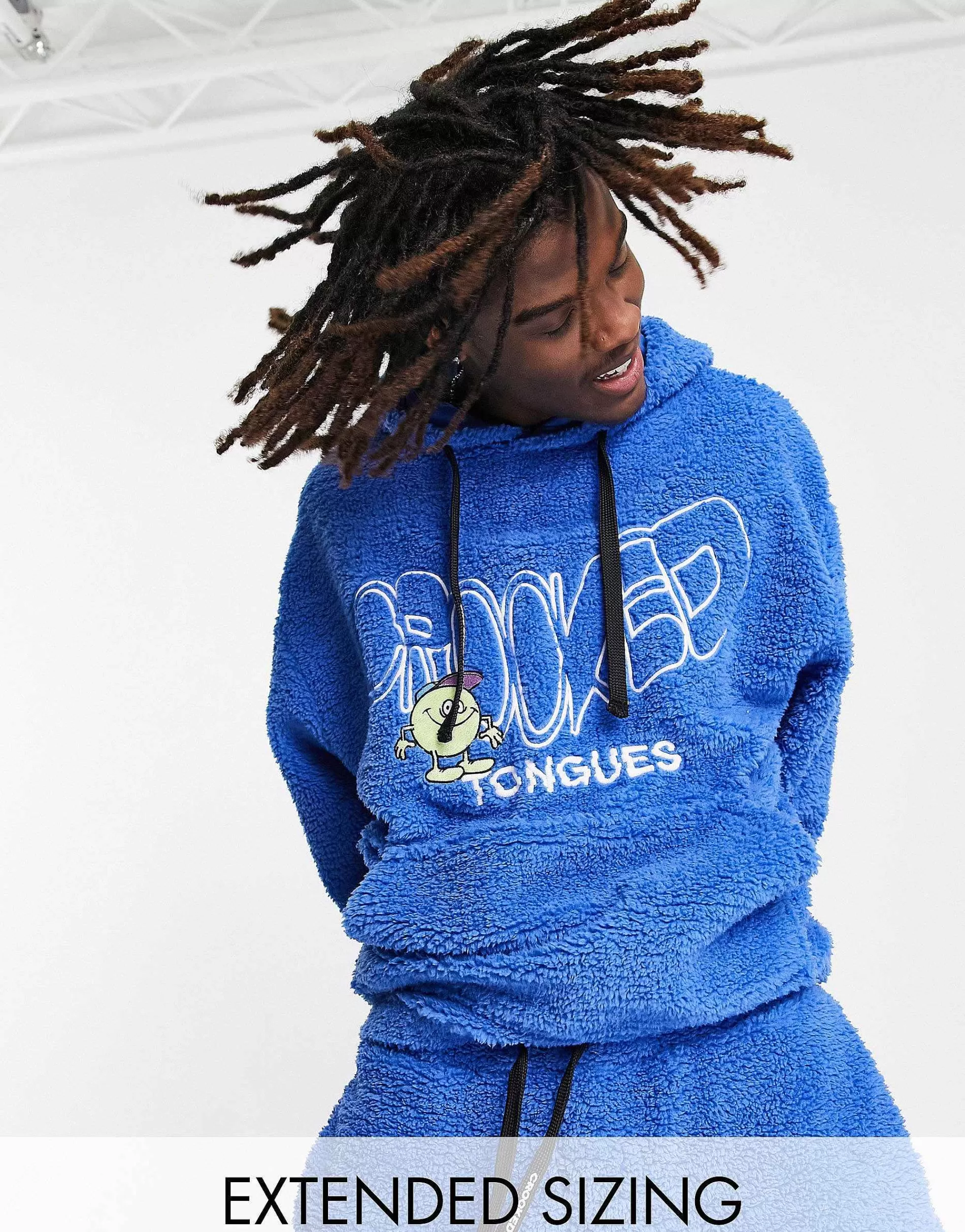 Men Crooked Tongues Co-Ord In Teddy Borg With Logo And Character Embroidery In Blue