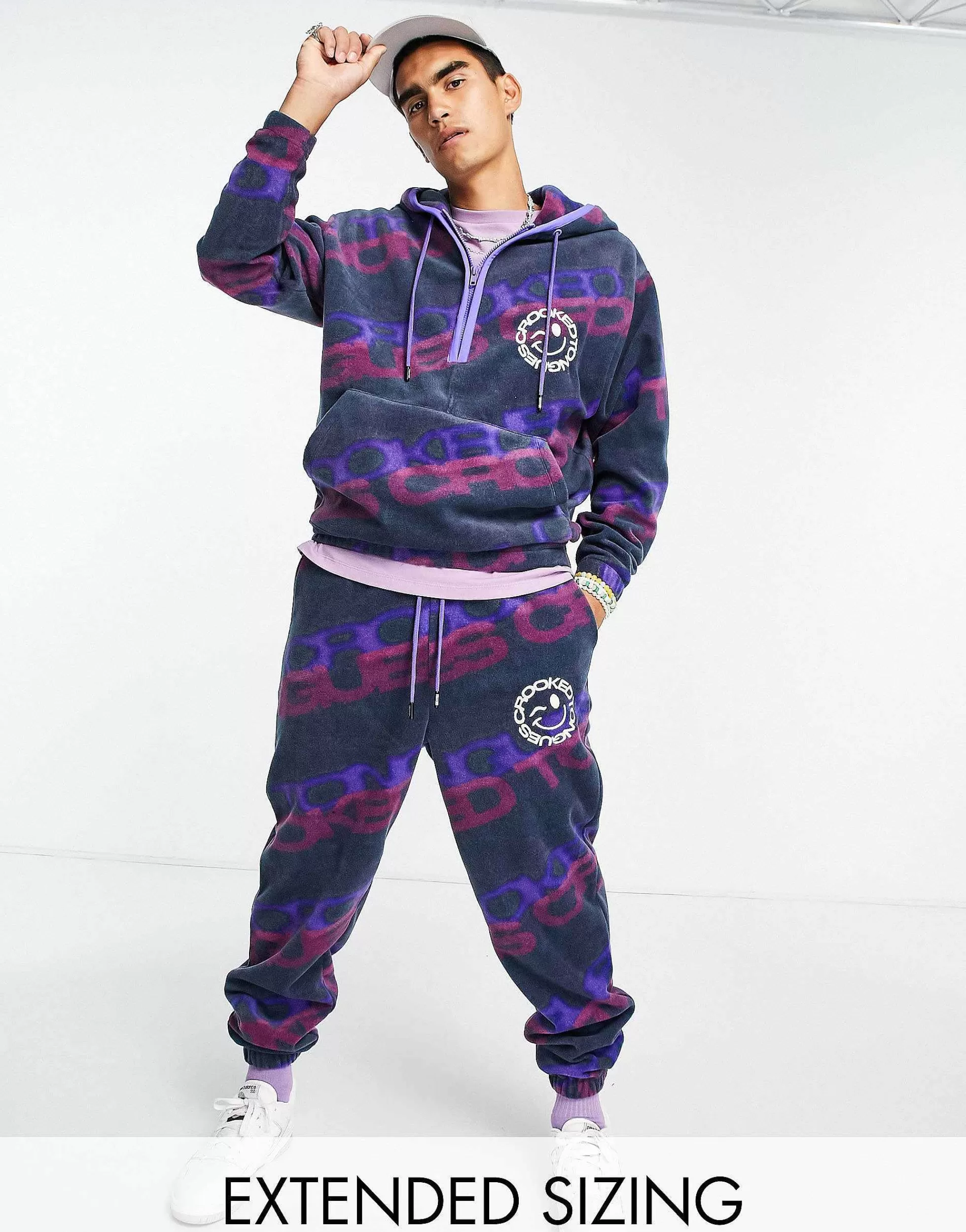 Men Crooked Tongues Co-Ord With All Over Logo Print Polar Fleece In Blue