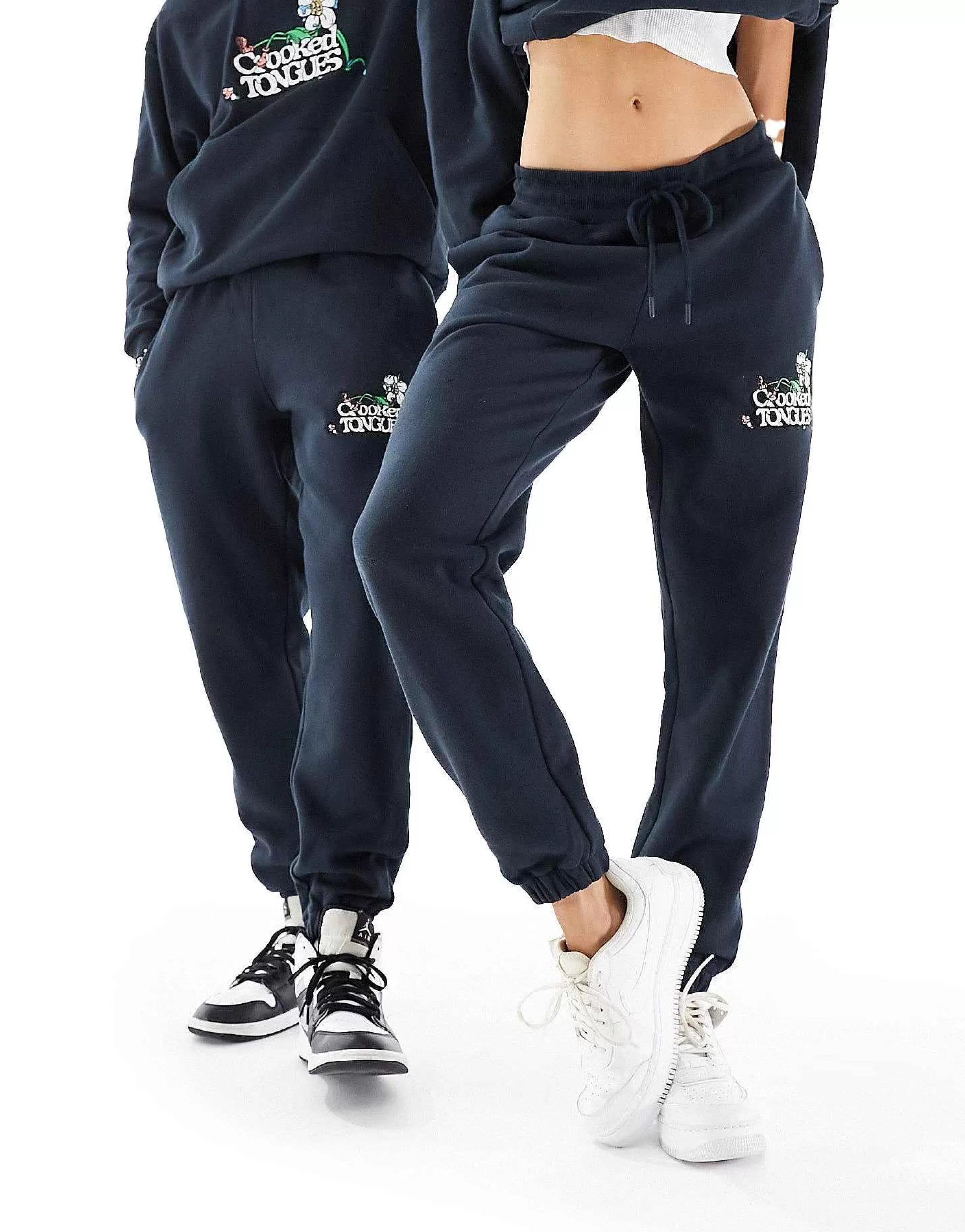 Women Crooked Tongues Unisex Co-Ord Oversized Joggers In Black With Embroidery