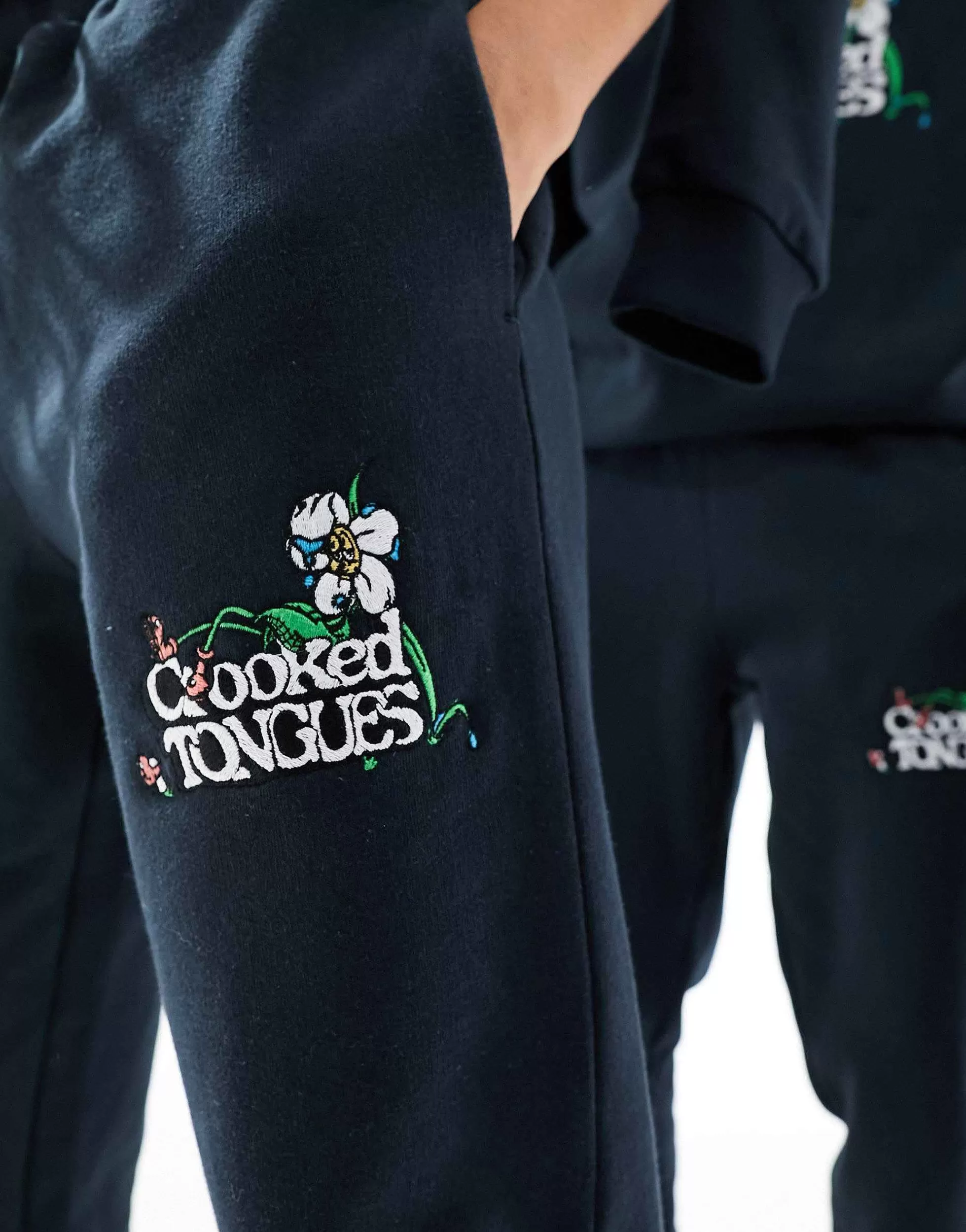 Women Crooked Tongues Unisex Co-Ord Oversized Joggers In Black With Embroidery