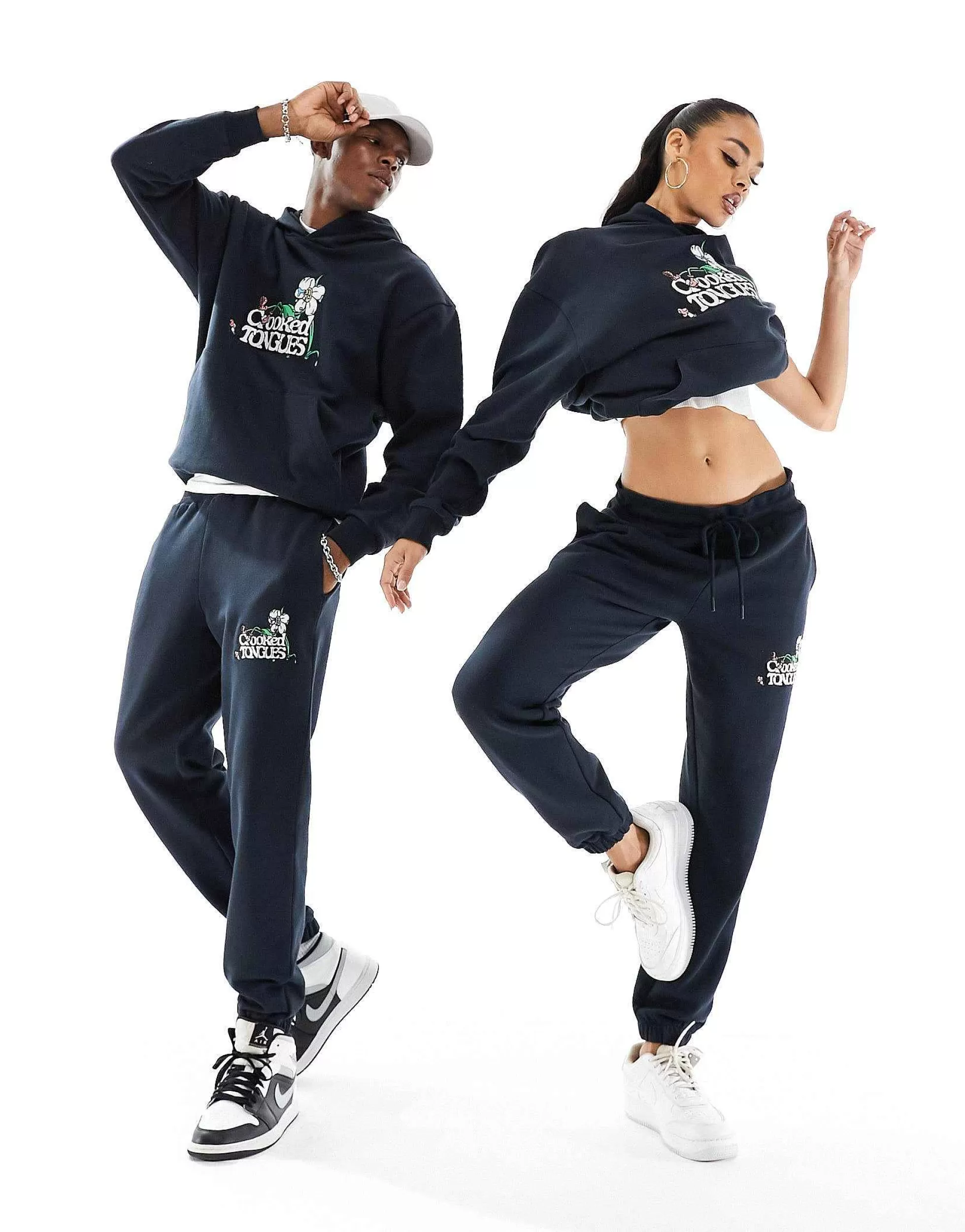 Women Crooked Tongues Unisex Co-Ord Oversized Joggers In Black With Embroidery