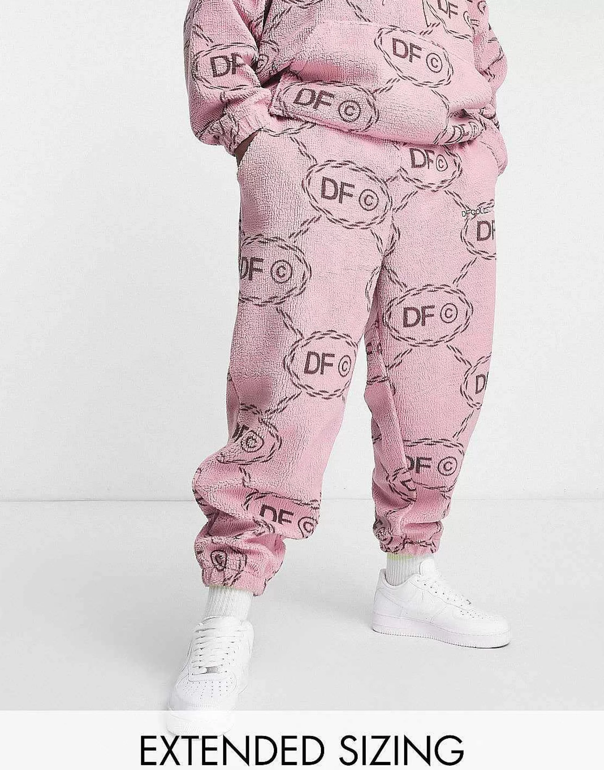 Men DESIGN Dark Future Co-Ord Relaxed Joggers In Teddy Borg With All Over Monogram Logo Print And Embroidery In Pink