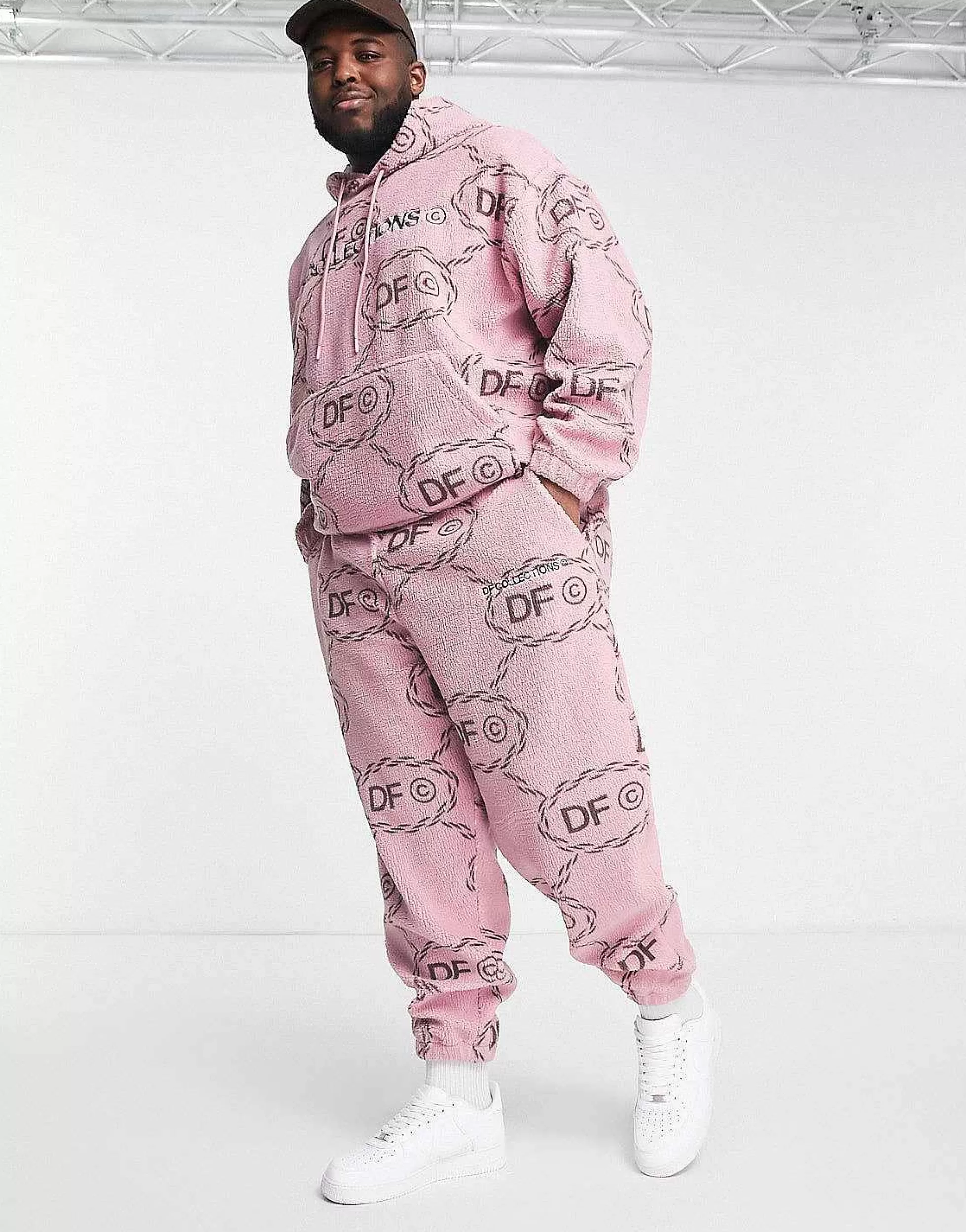 Men DESIGN Dark Future Co-Ord Relaxed Joggers In Teddy Borg With All Over Monogram Logo Print And Embroidery In Pink