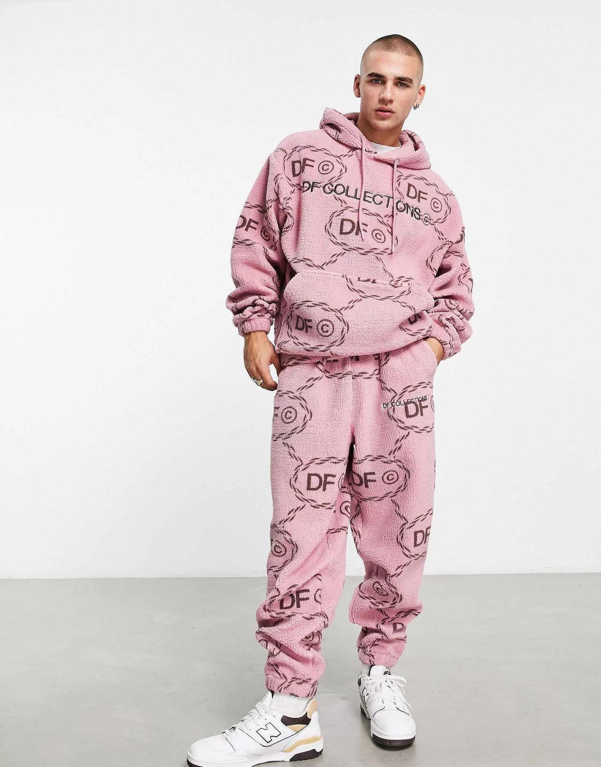 Men DESIGN Dark Future Co-Ord Relaxed Joggers In Teddy Borg With All Over Monogram Logo Print And Embroidery In Pink