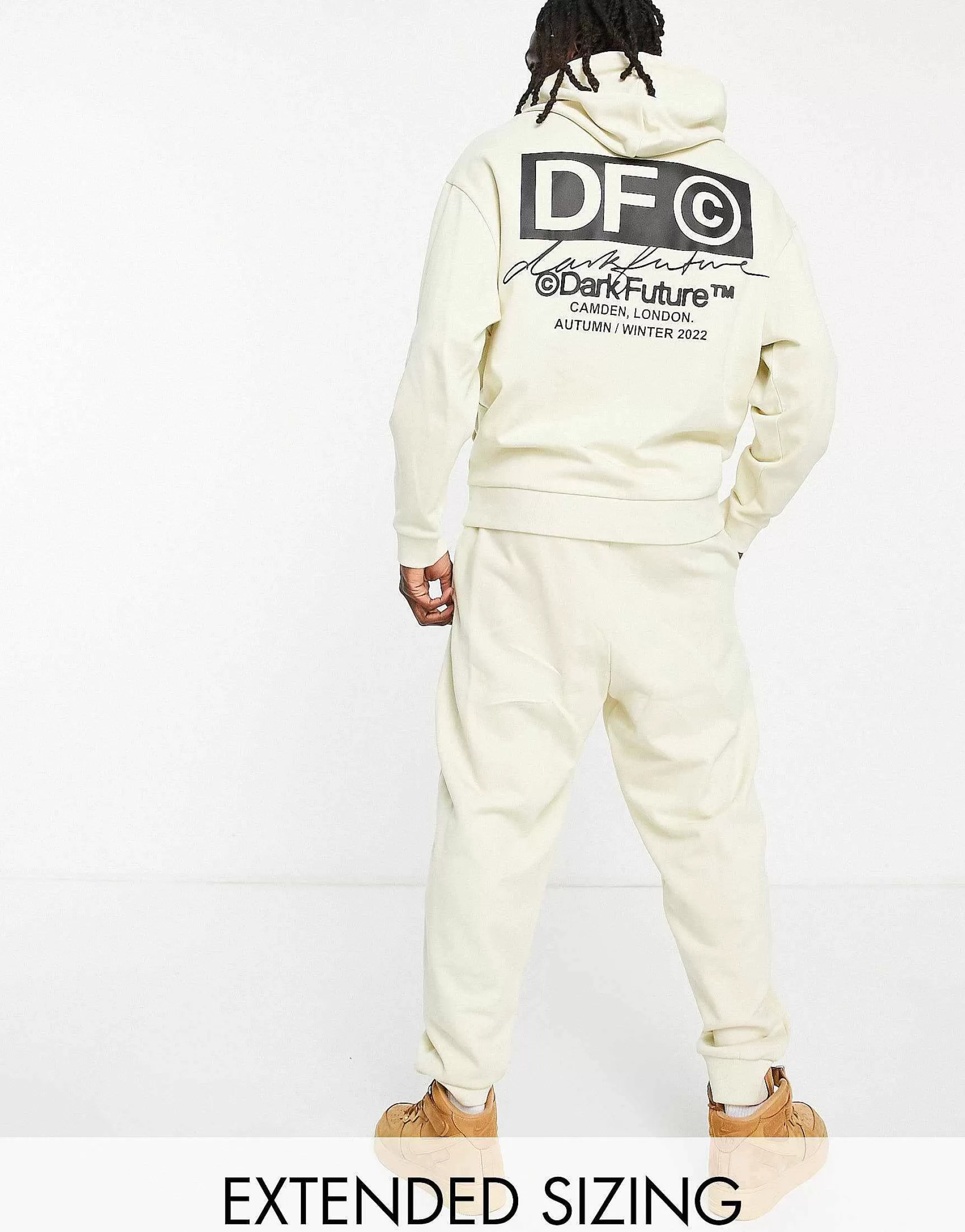 Men DESIGN Dark Future Co-Ord With Front And Back Logo Prints In Ecru