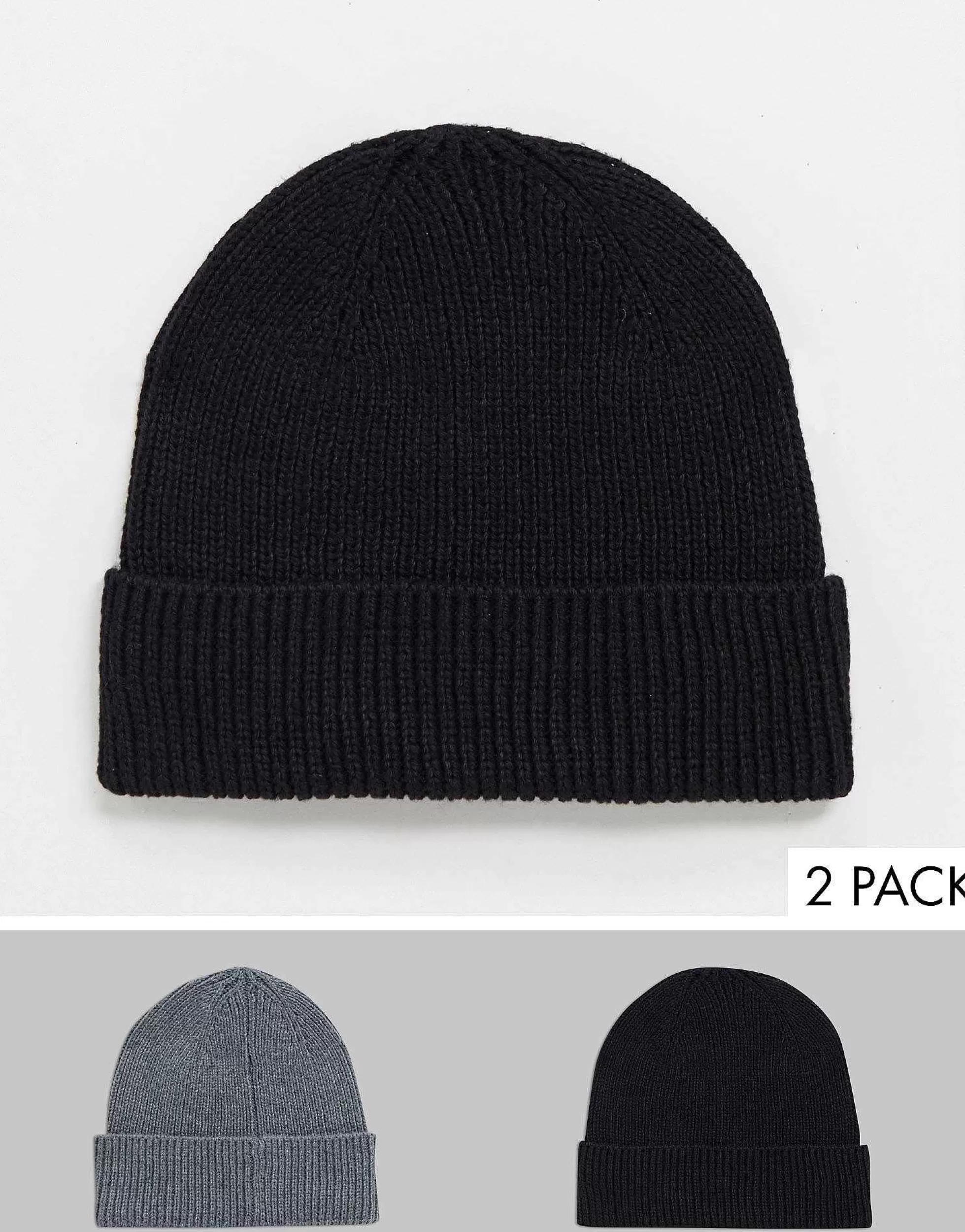 Men DESIGN 2 Pack Fisherman Ribbed Beanie In Grey And Black