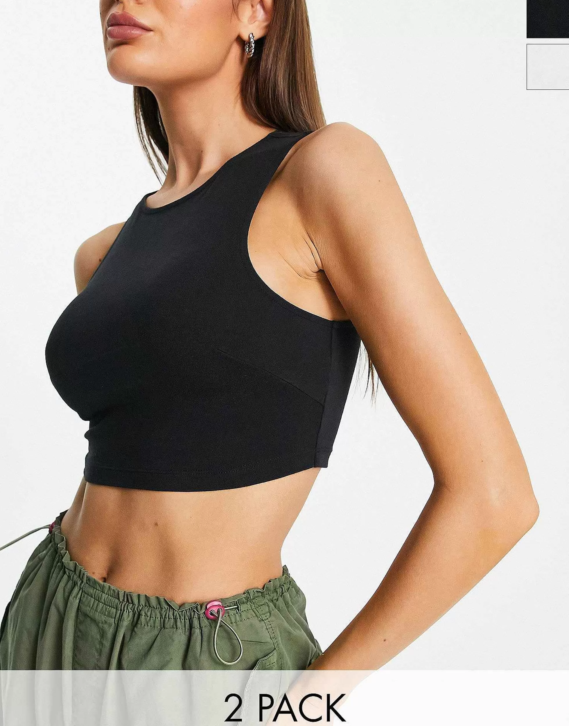 Women DESIGN 2 Pack High Neck Super Crop Vest In Black And White