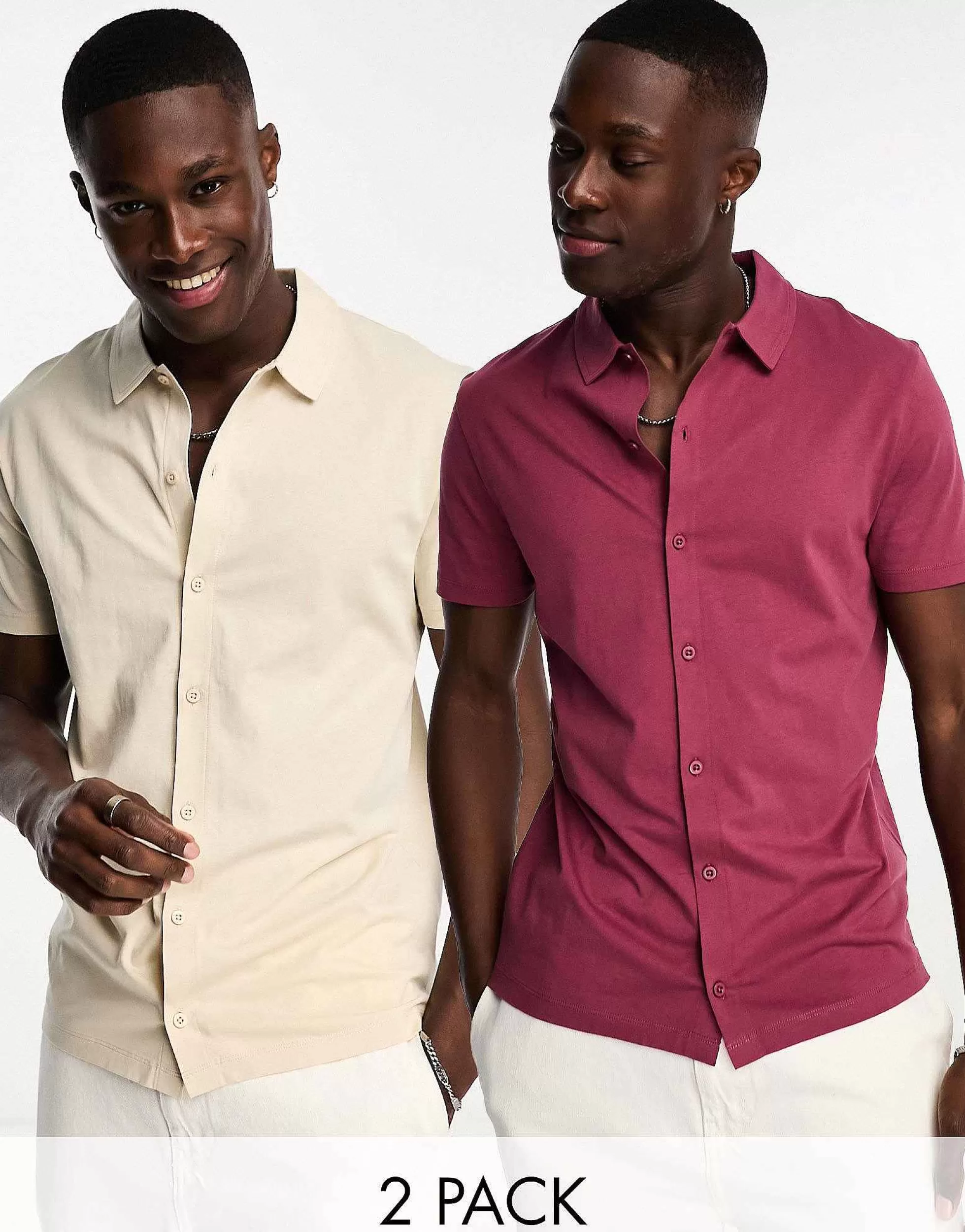 Men DESIGN 2 Pack Jersey Shirts In Ecru And Maroon
