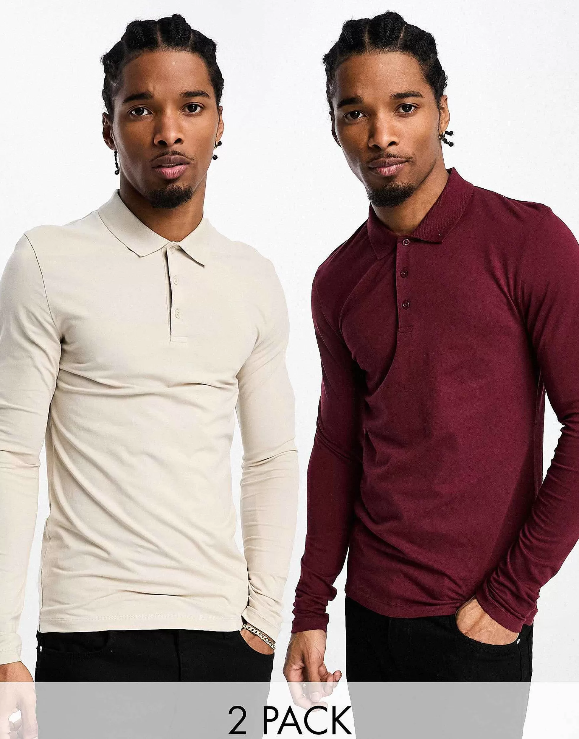 Men DESIGN 2 Pack Long Sleeve Muscle Fit Polo In Stone And Burgundy