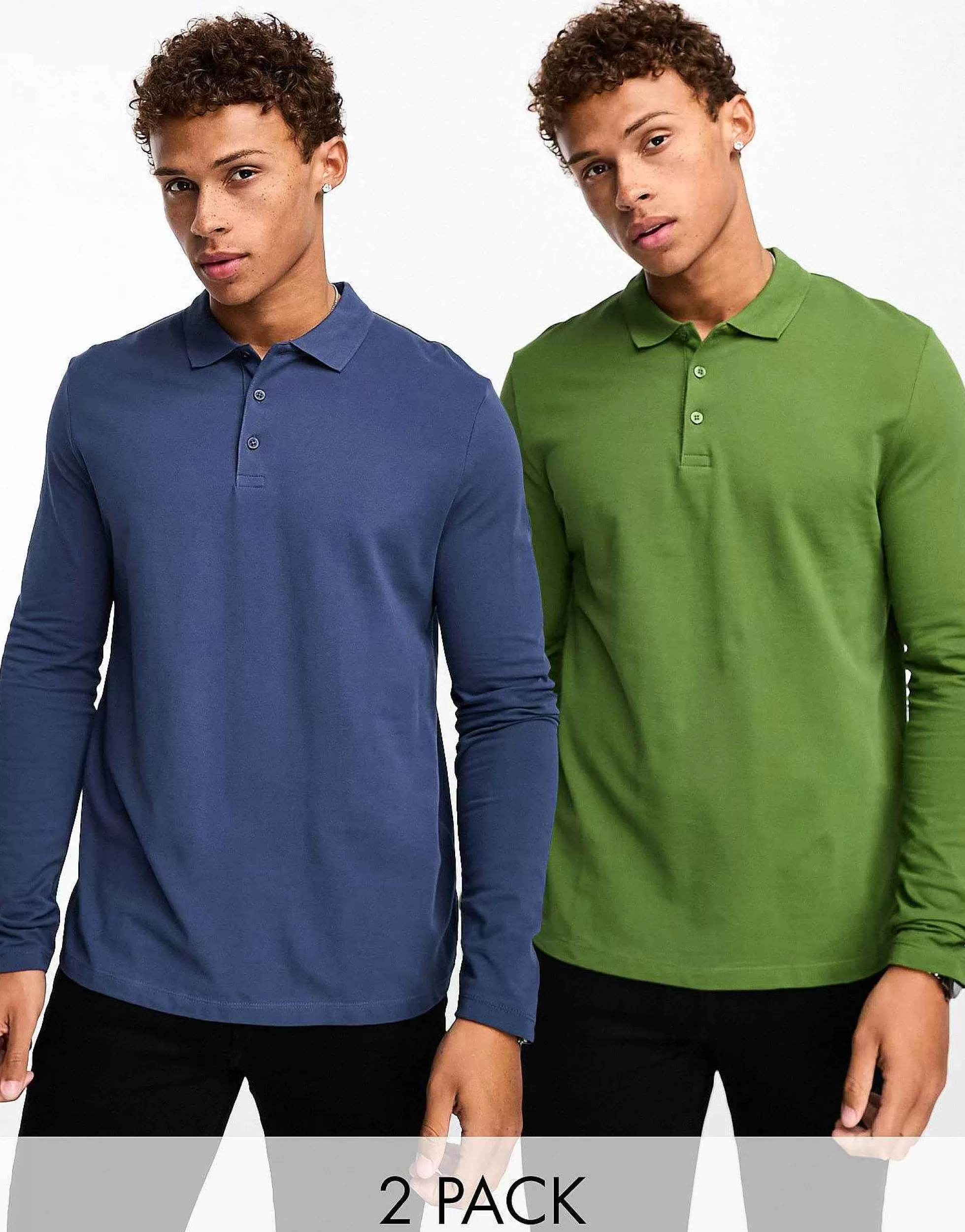 Men DESIGN 2 Pack Long Sleeve Pique Polo In Green And Navy