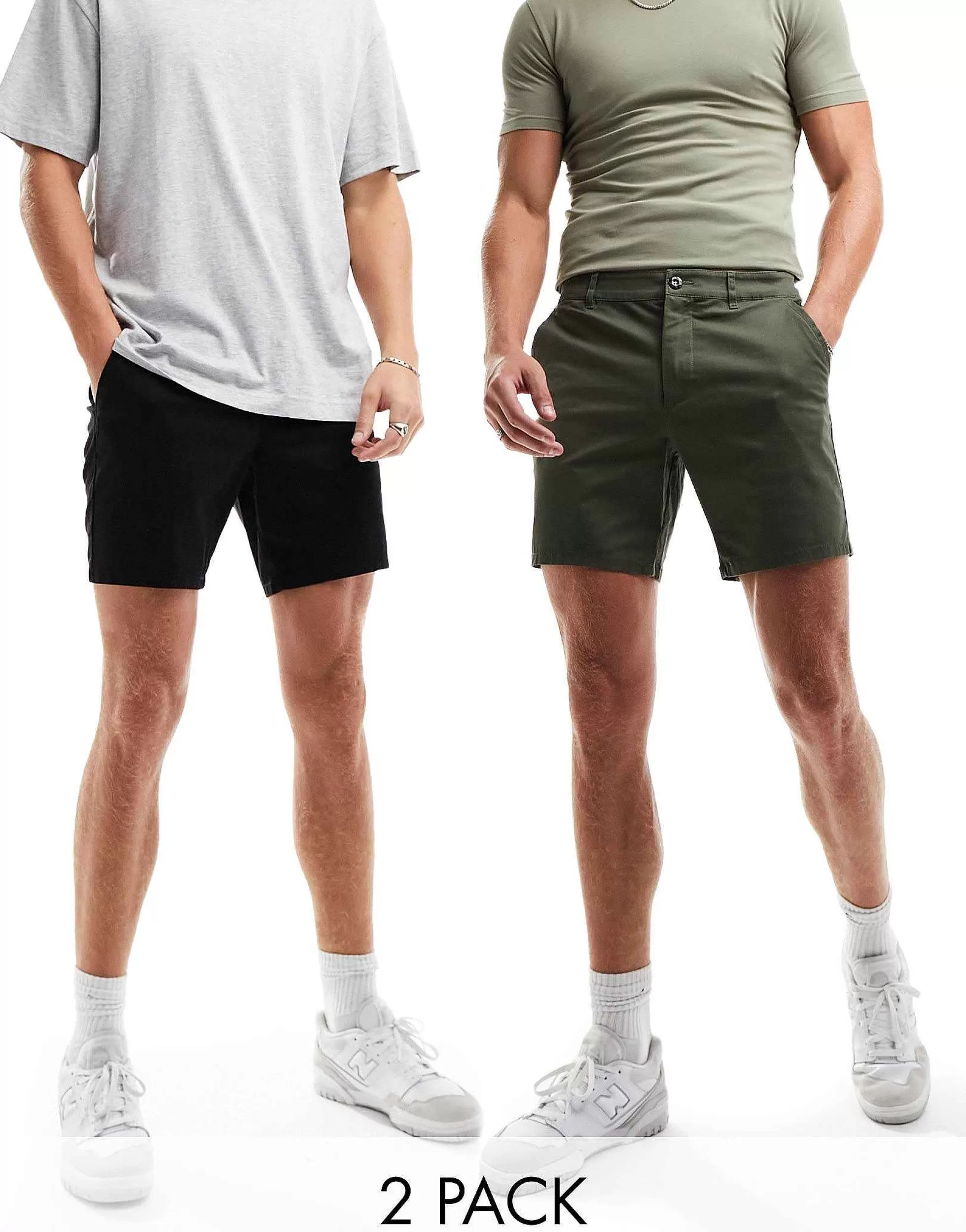 Men DESIGN 2 Pack Slim Chino Shorts In Mid Length In Dark Khaki And Navy