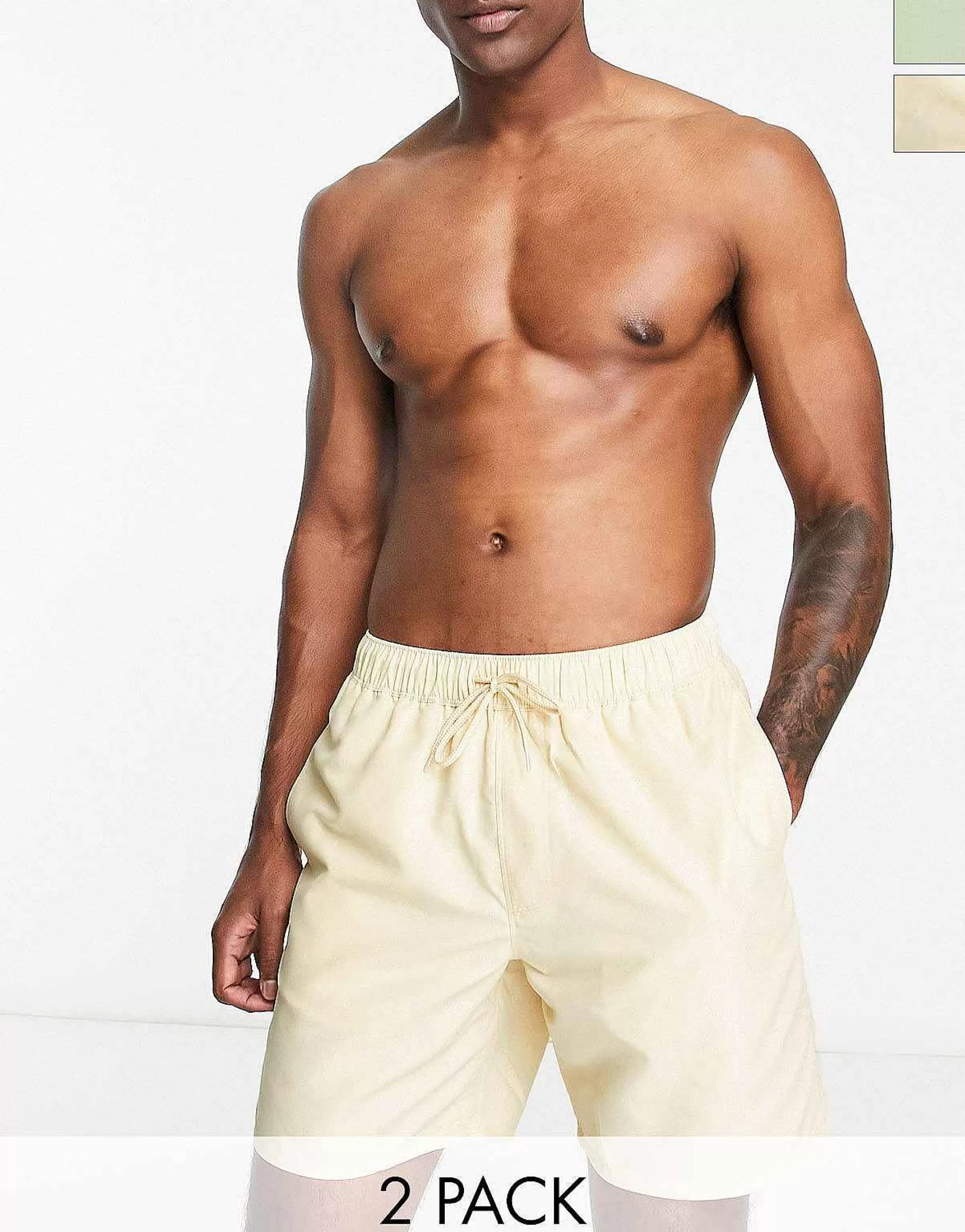 Men DESIGN 2 Pack Swim Shorts In Mid Length In Light Green/Beige Save