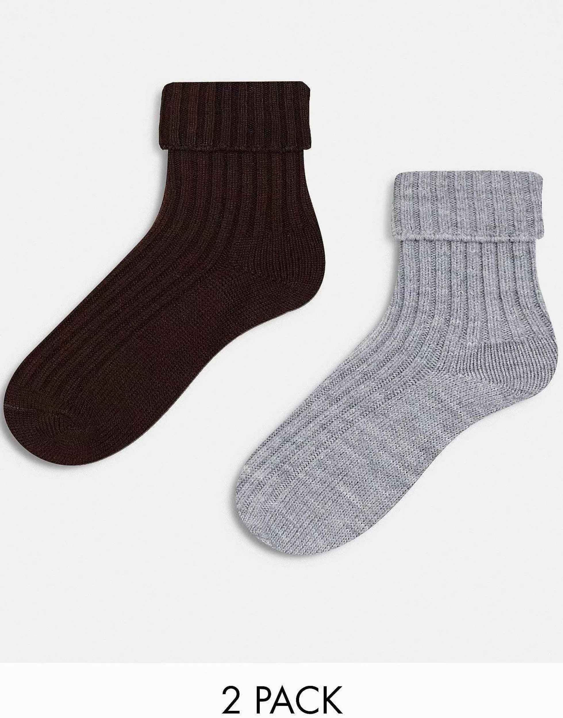 Women DESIGN 2 Pack Wool Mix Lounge And Boot Socks In Brown And Charcoal